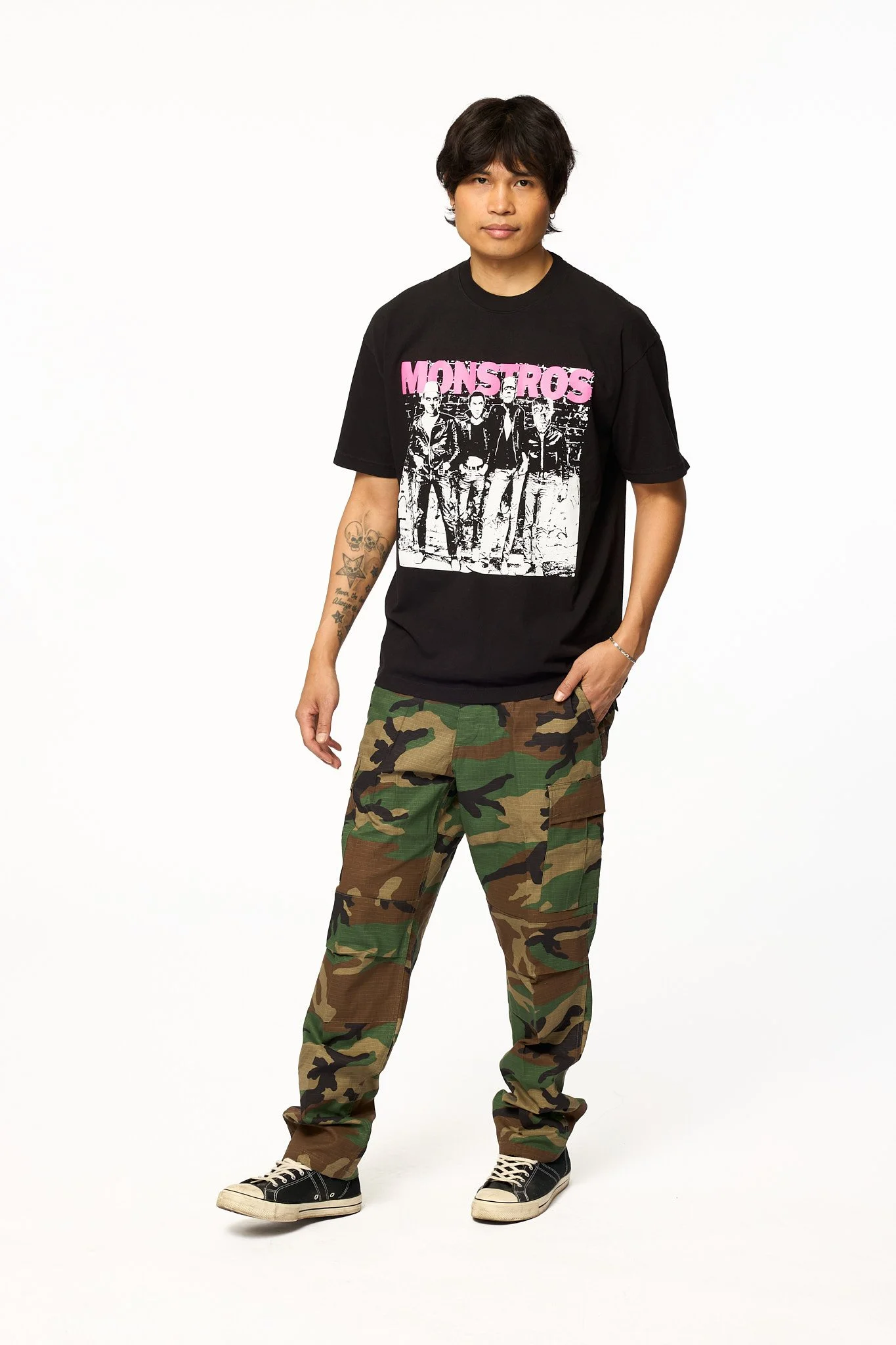 Black Punk Monsters graphic t-shirt front view featuring Ramones inspired and Universal Monsters design