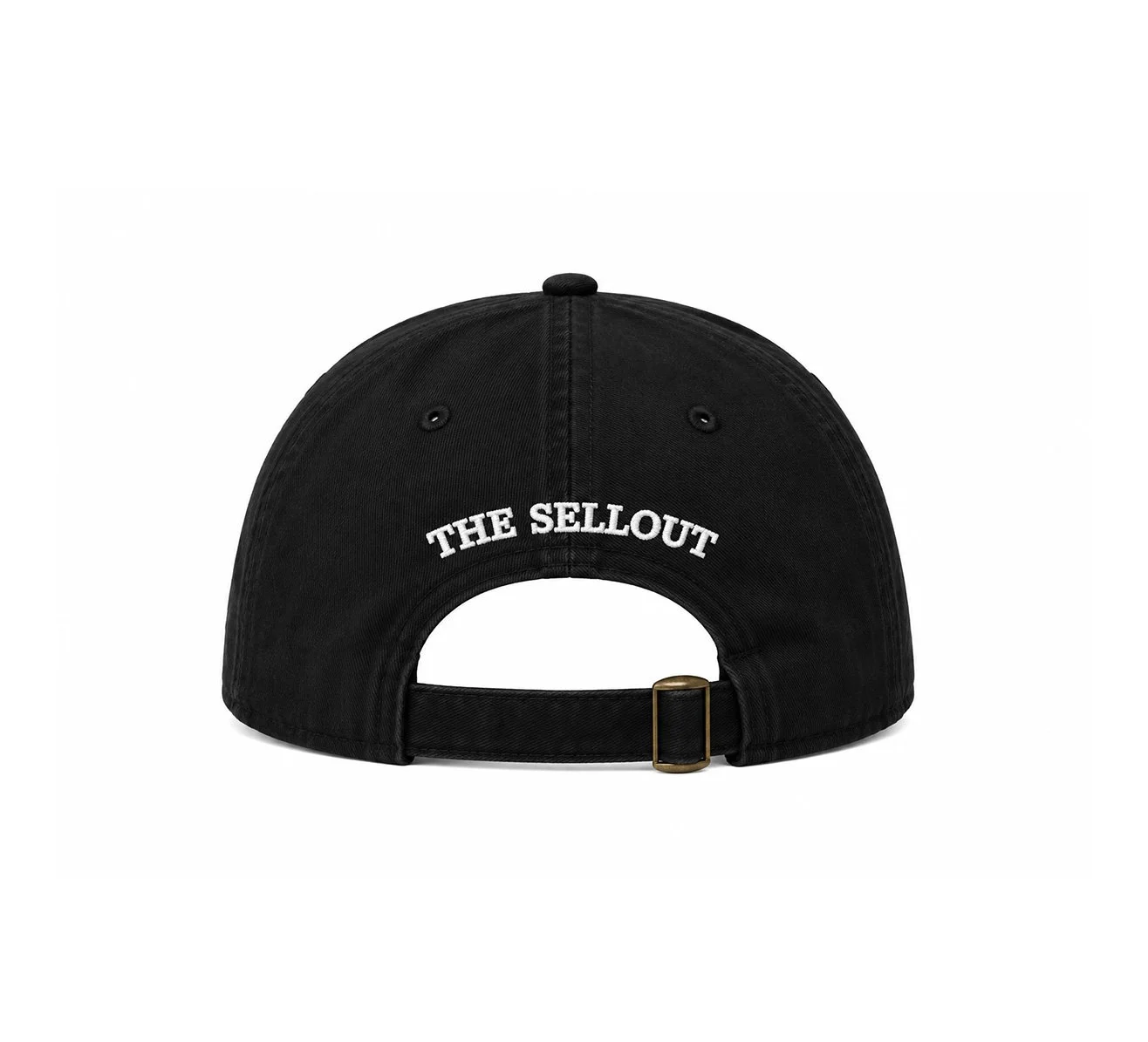 Black dad hat back view featuring embroidered The SellOut logo and adjustable strap closure on white background.