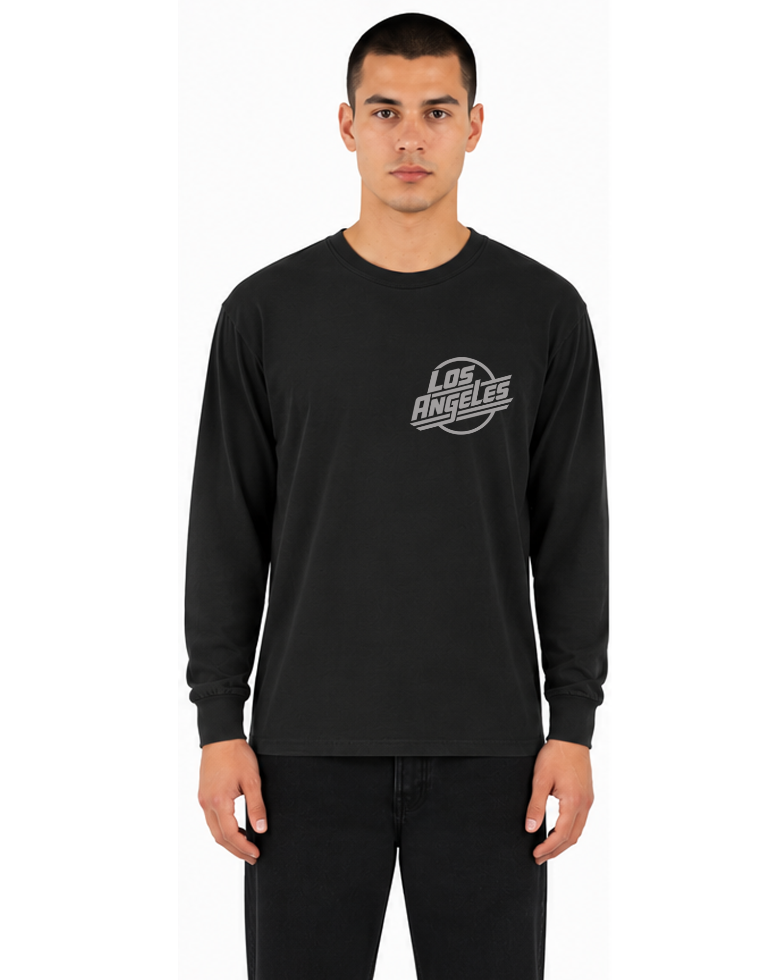 Male model wearing The SellOut Los Angeles Logo Long Sleeve Tee in vintage wash black, front view