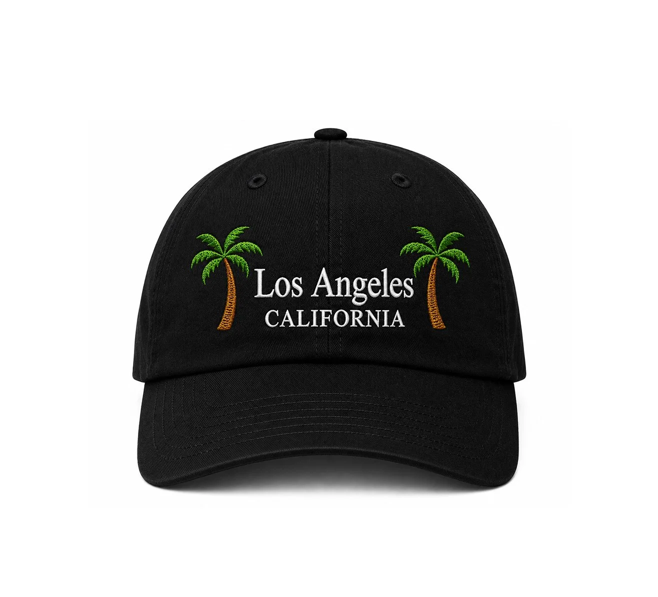 Black Los Angeles California embroidered dad hat with white lettering and palm tree embroidery.