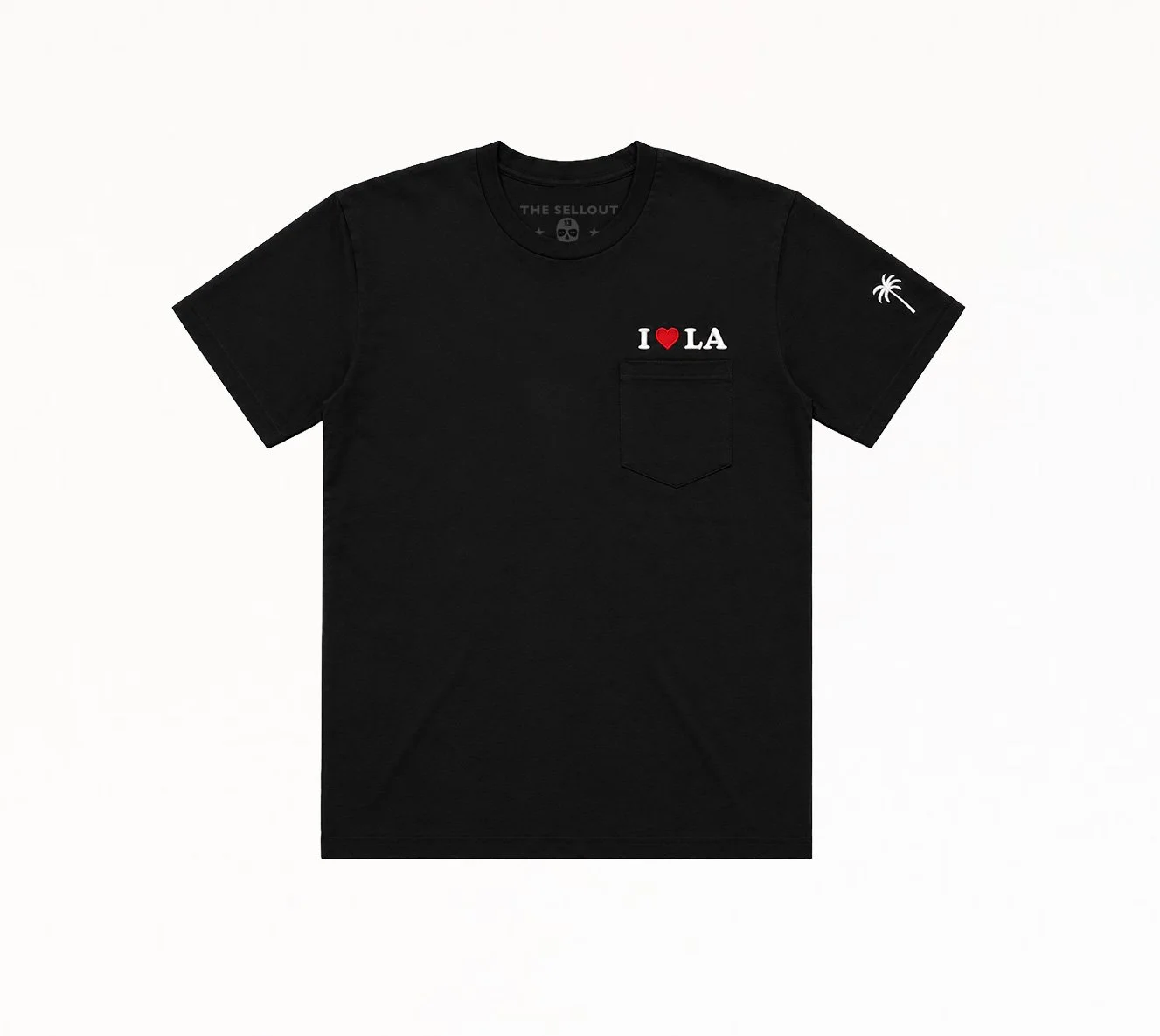 Close-up of embroidered I ❤️ LA logo above pocket on heavyweight T-shirt by The SellOut