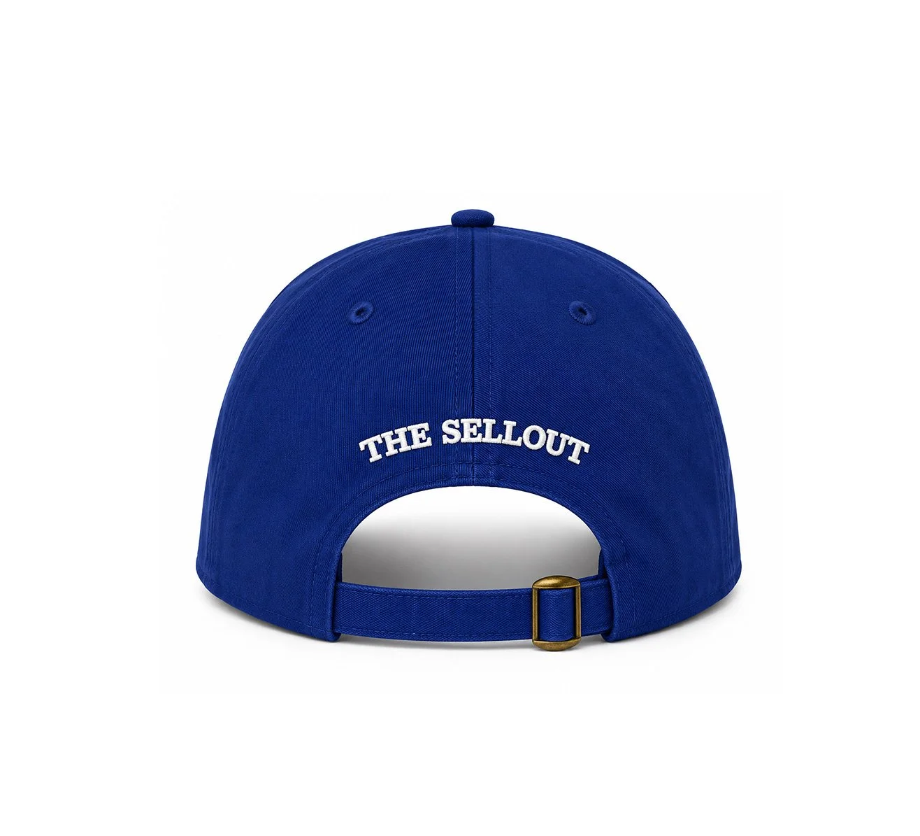 Back view of royal blue dad hat with THE SELLOUT embroidery and adjustable strap closure.