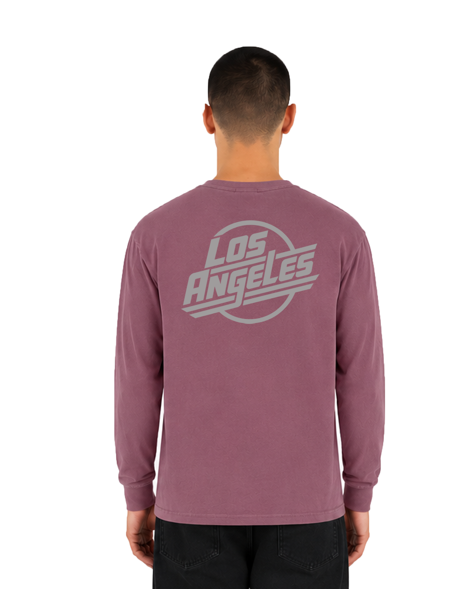 The SellOut vintage wash berry Los Angeles Logo Long Sleeve Tee on male model, back view