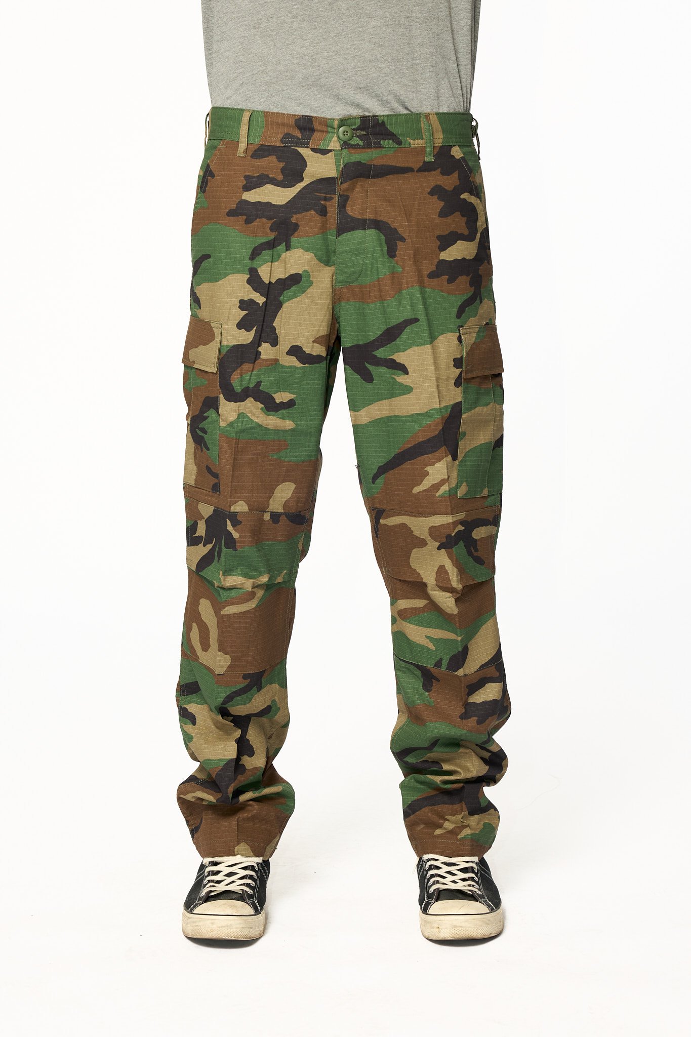 Vintage wash camo cargo pants front flat view showing pattern and structure