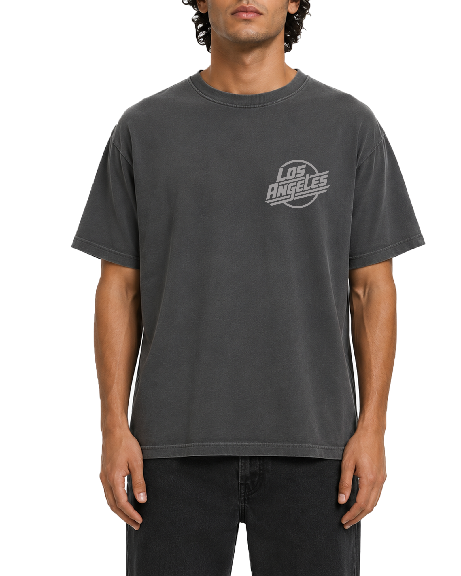 Male model wearing The SellOut Los Angeles Logo Tee in vintage wash charcoal, front view