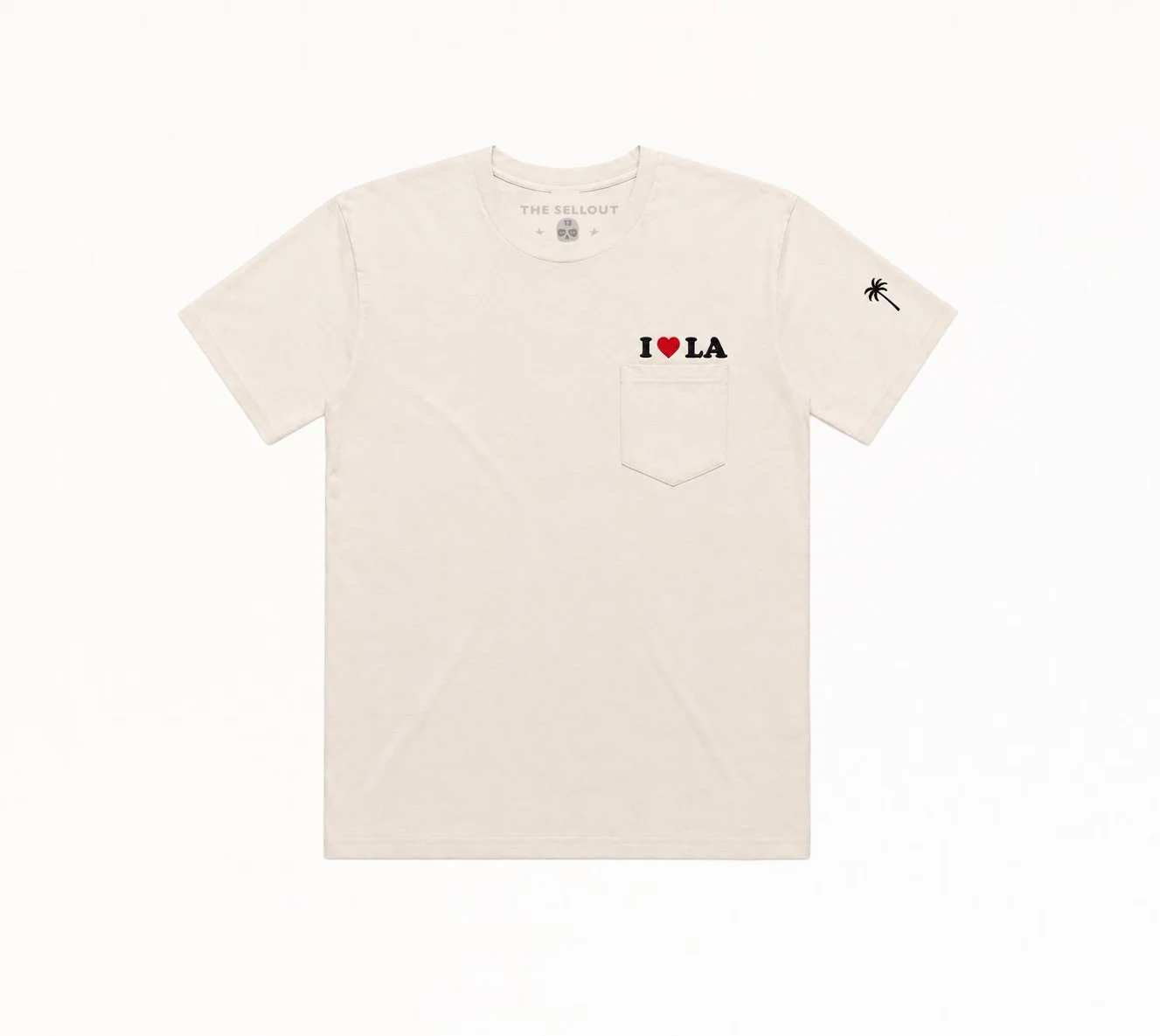 Front view of black I ❤️ LA pocket T-shirt with embroidered chest logo and sleeve palm tree by The SellOut