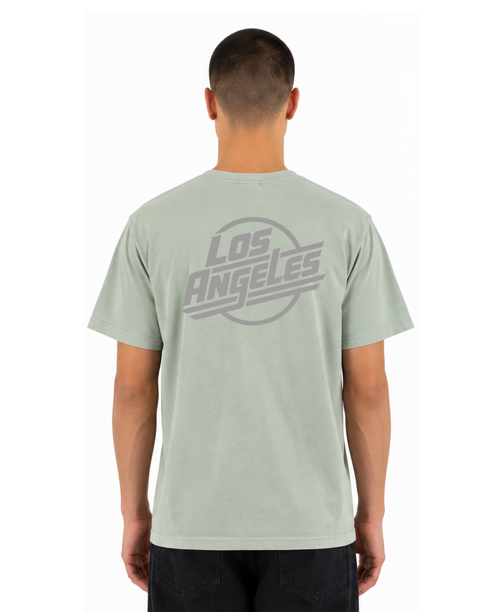 The SellOut vintage wash light green Los Angeles Logo Tee on male model, back view