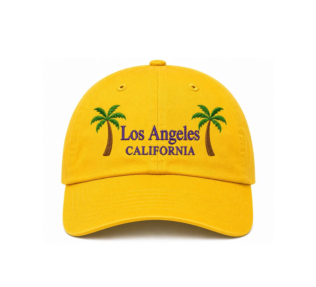 Yellow Los Angeles California embroidered dad hat with purple lettering and palm tree embroidery.