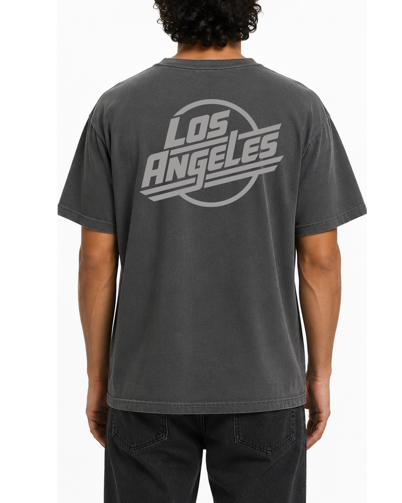 The SellOut vintage wash charcoal Los Angeles Logo Tee on male model, back view