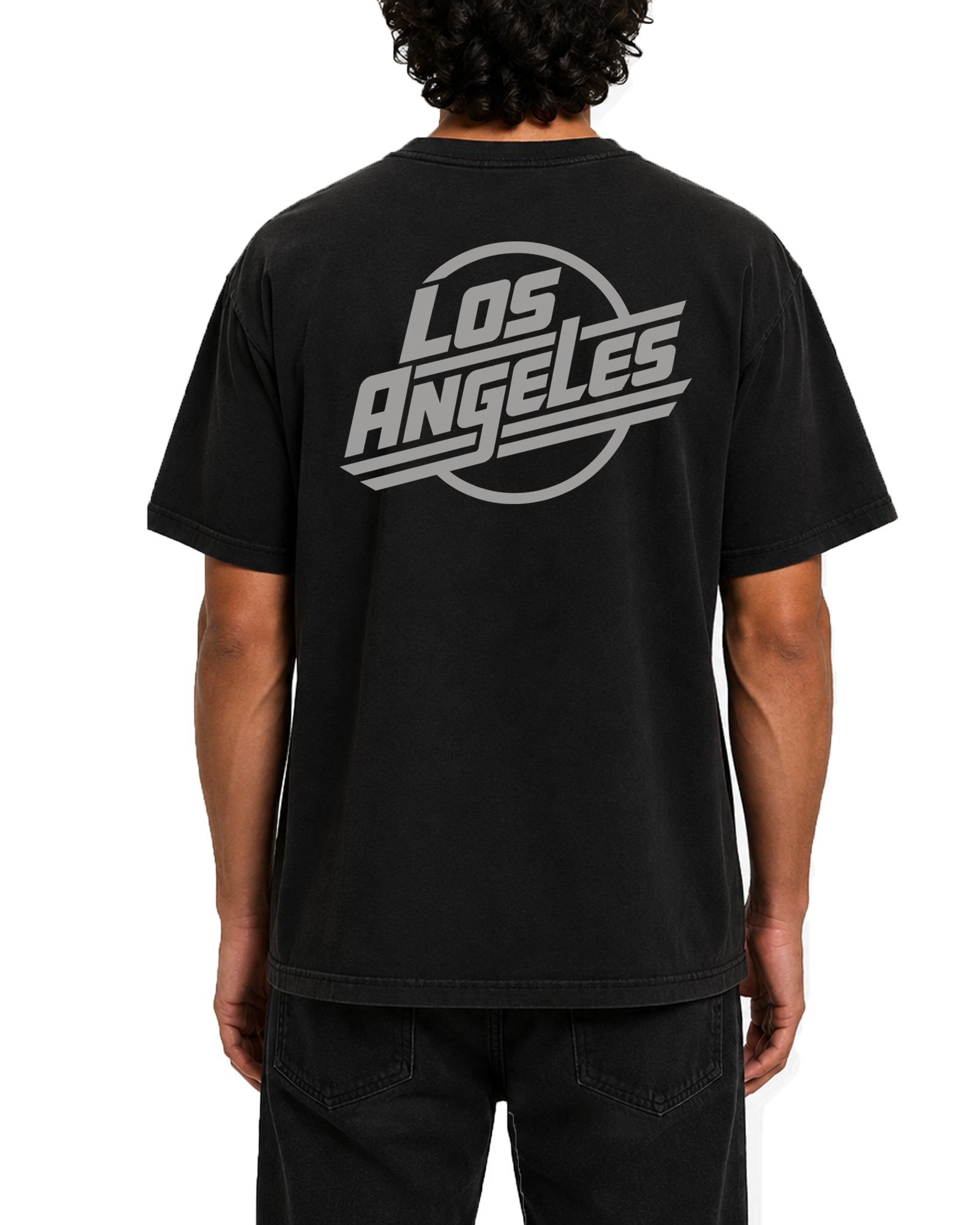 The SellOut vintage wash black Los Angeles Logo Tee on male model, back view
