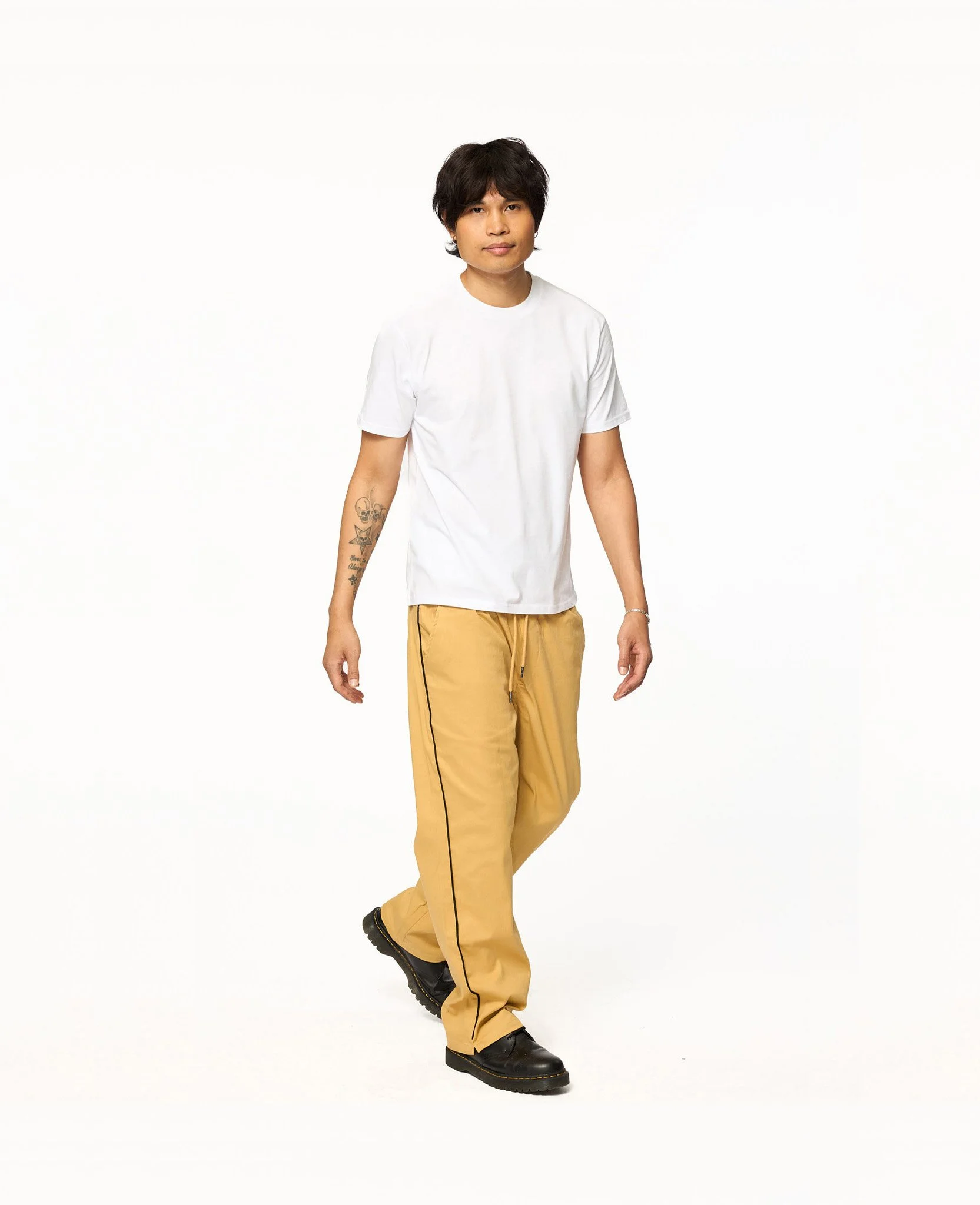 Drawstring Piped Pants — Khaki