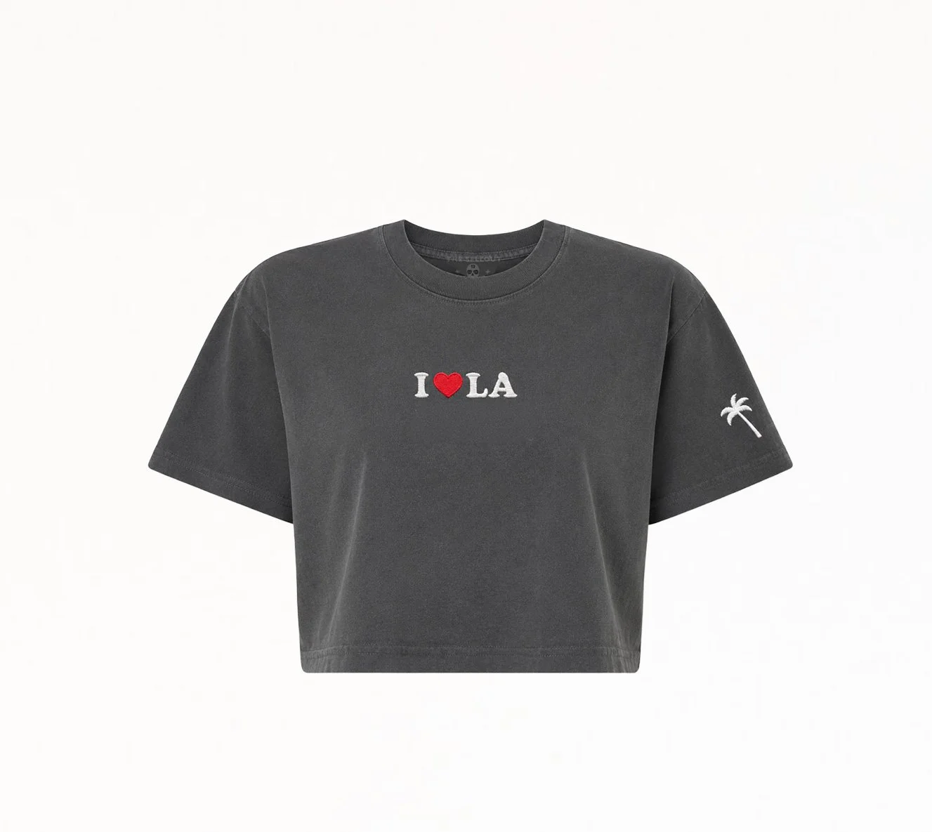 Front view of faded black cropped T-shirt with embroidered I ❤️ LA artwork by The SellOut
