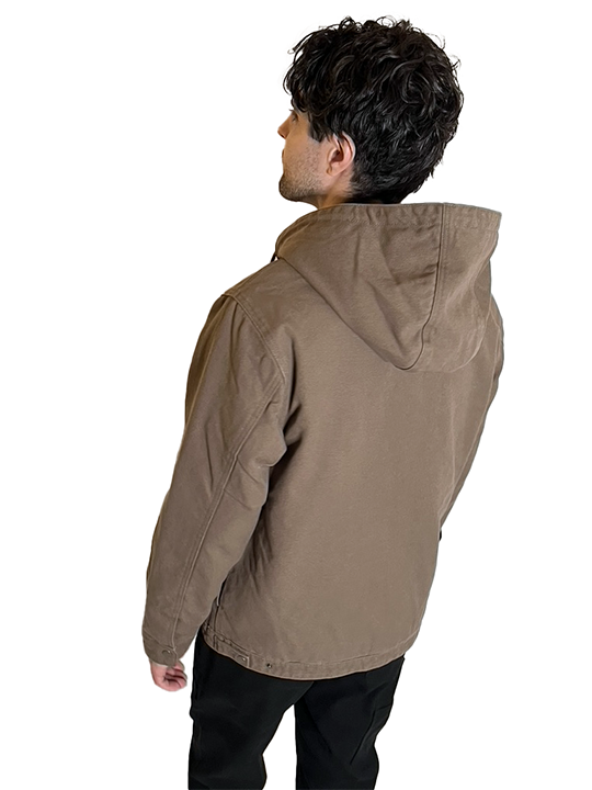 Back view of The SellOut Heavyweight Hooded Canvas Jacket in walnut brown, heavyweight duck canvas with adjustable cuffs and hem.