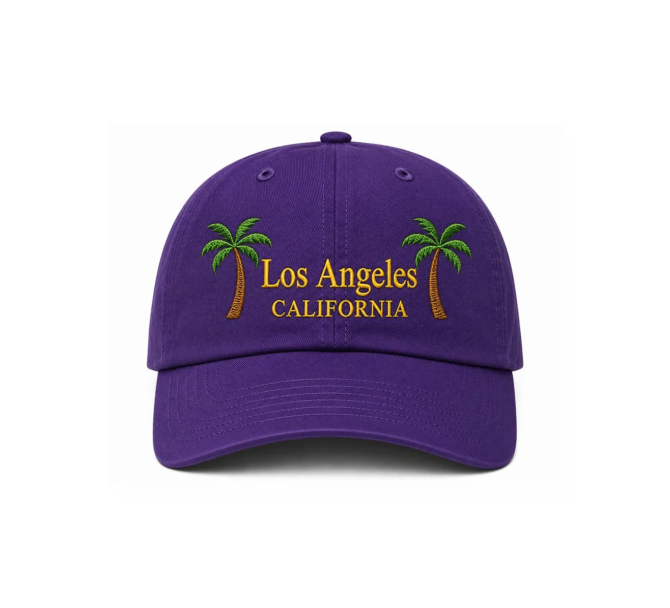 Purple Los Angeles California embroidered dad hat with yellow lettering and palm tree embroidery.