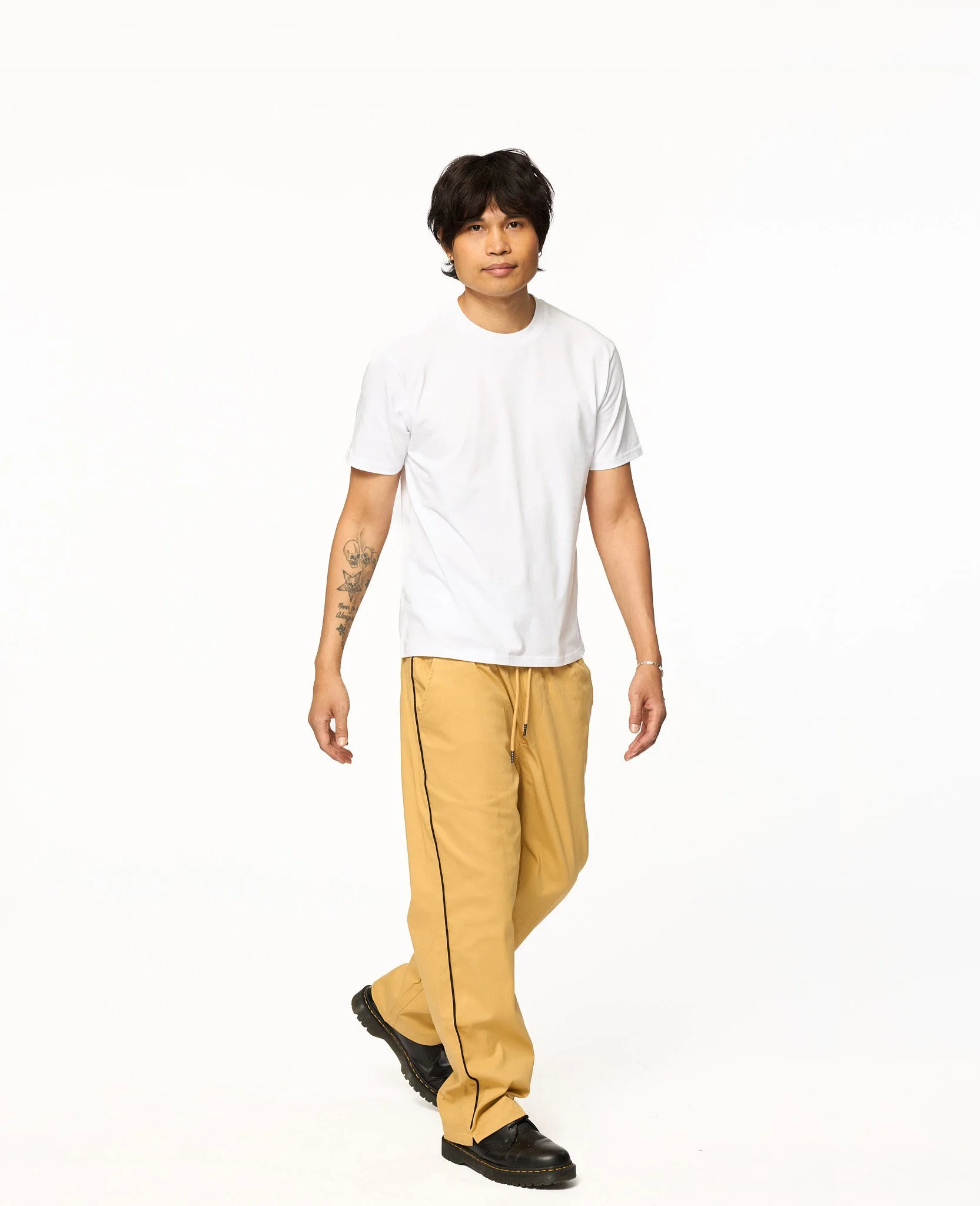 Drawstring Piped Pants — Khaki