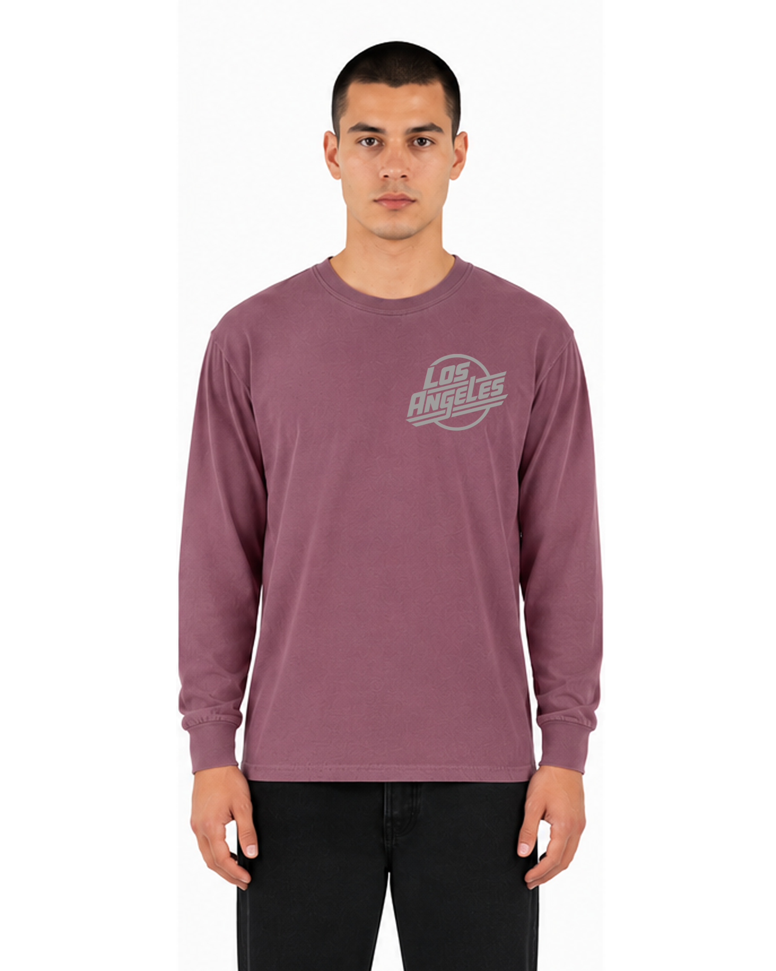 Male model wearing The SellOut Los Angeles Logo Long Sleeve Tee in vintage wash berry, front view