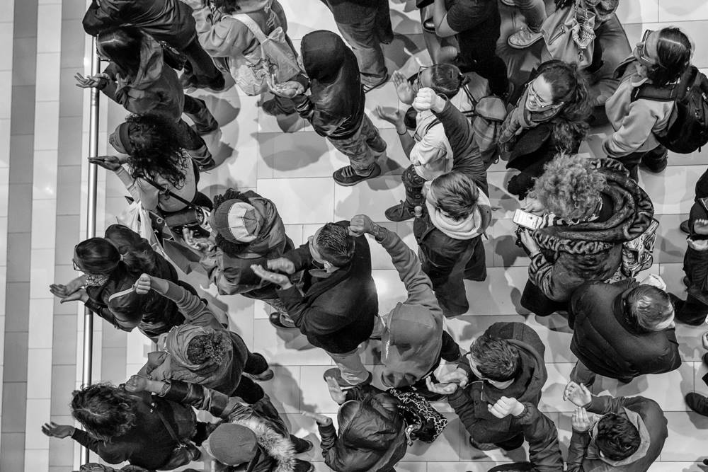 View from above of this winter's protestors seeking justice at the Mall of America - photo by Avi Nahum.
