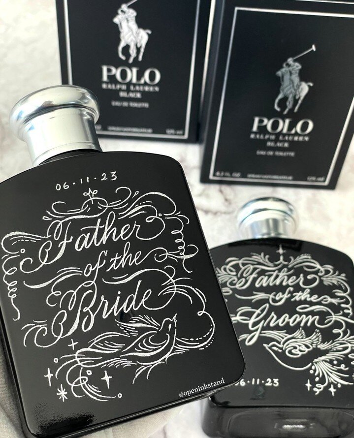 Engraving for two very happy dads. These all black @poloralphlauren fragrance bottles are such a perfect canvas. Order your Christmas engraved fragrance at openinkstand.etsy.com 💫⁠
⁠
⁠
#engraving #handengraving #engraver #handengraver #liveengraving