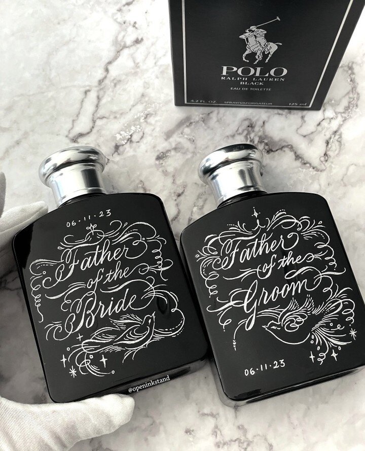 Engraving for two very happy dads. These all black @poloralphlauren fragrance bottles are such a perfect canvas. Order your Christmas engraved fragrance at openinkstand.etsy.com 💫⁠
⁠
⁠
#engraving #handengraving #engraver #handengraver #liveengraving