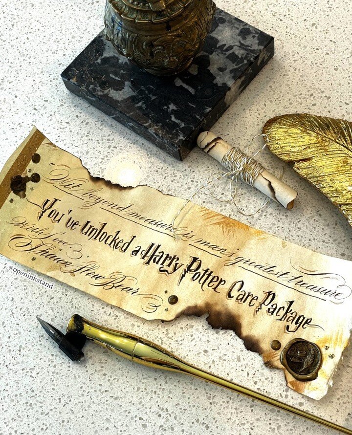 This was a super fun project for @sincity_veteran, a handwritten scroll to go inside a Golden Snitch for a care package for a Harry Potter superfan ⚡️⁠
The paper was textured with teabags and ink, and edges carefully weathered for that delivered-by-o