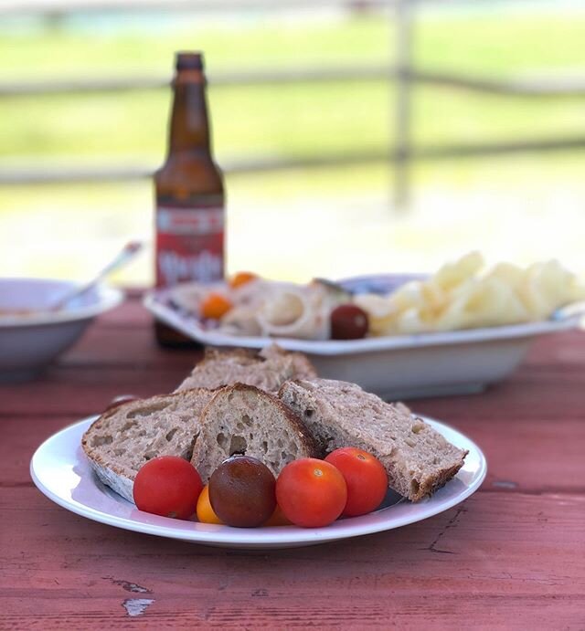 Summer snacks by the pool. Heading home after a weekend way upstate. Des and Amy haven&rsquo;t been this happy in months. #coldlocalcider #freshsourdough