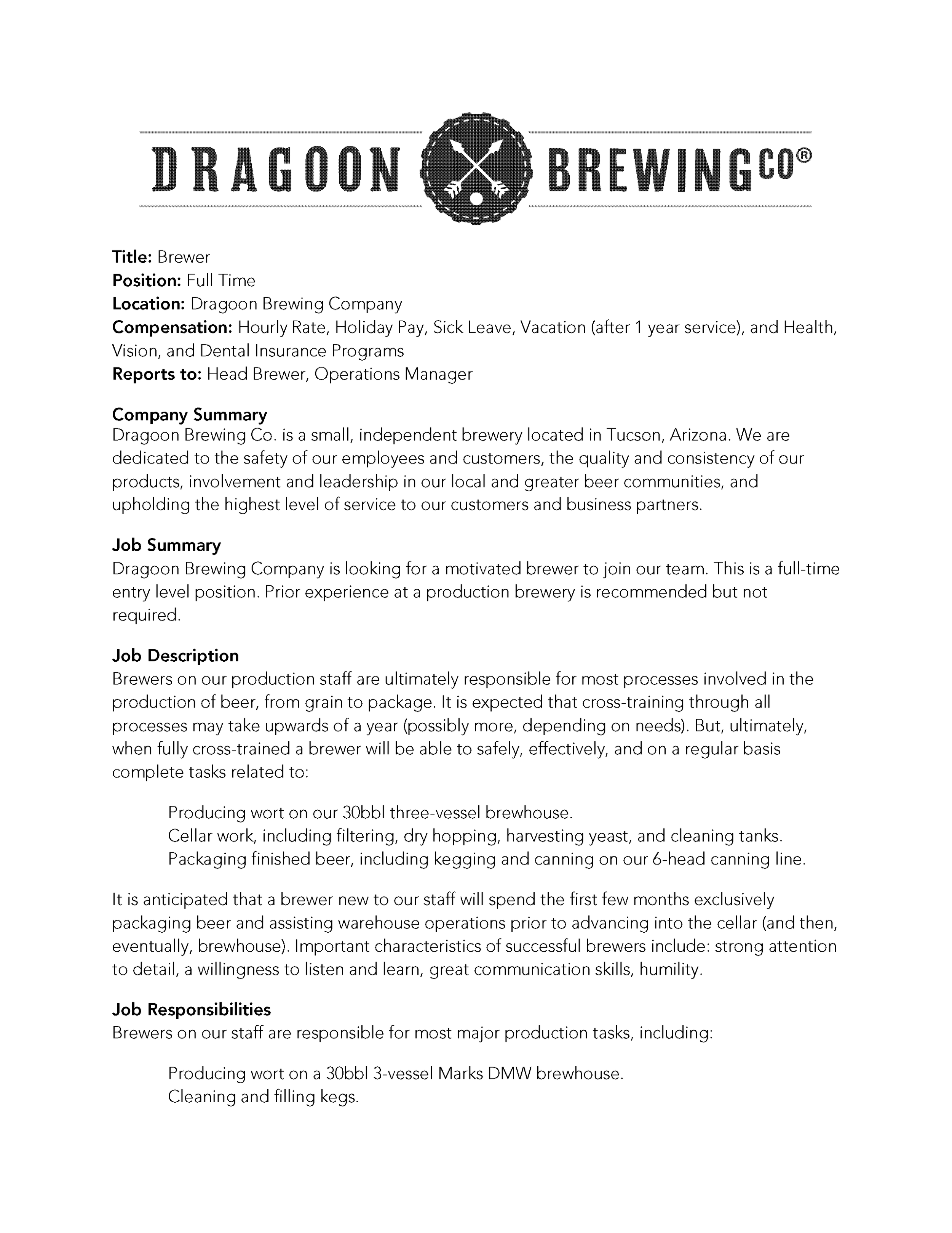 NOW HIRING BREWER — Dragoon Brewing co.