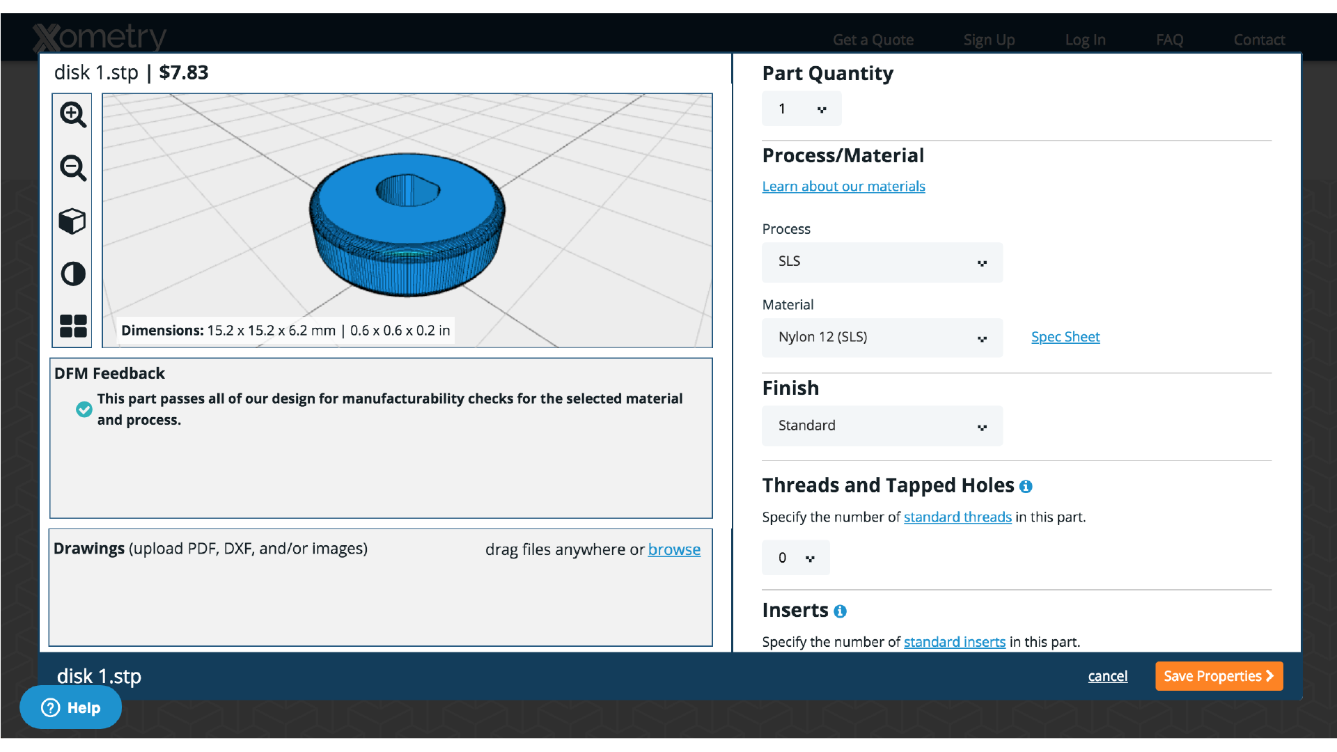 A screenshot from Xometry's quoting engine to show what kind of information a manufacturing shop would receive