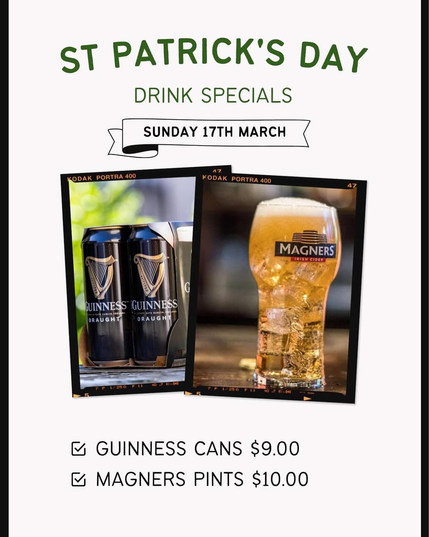 Happy St Patrick&rsquo;s Day ☘️
Open from 12pm-9pm for lunch &amp; dinner 🥘 🍺

$10 Magners Cider Pints
$9 Guinness Cans