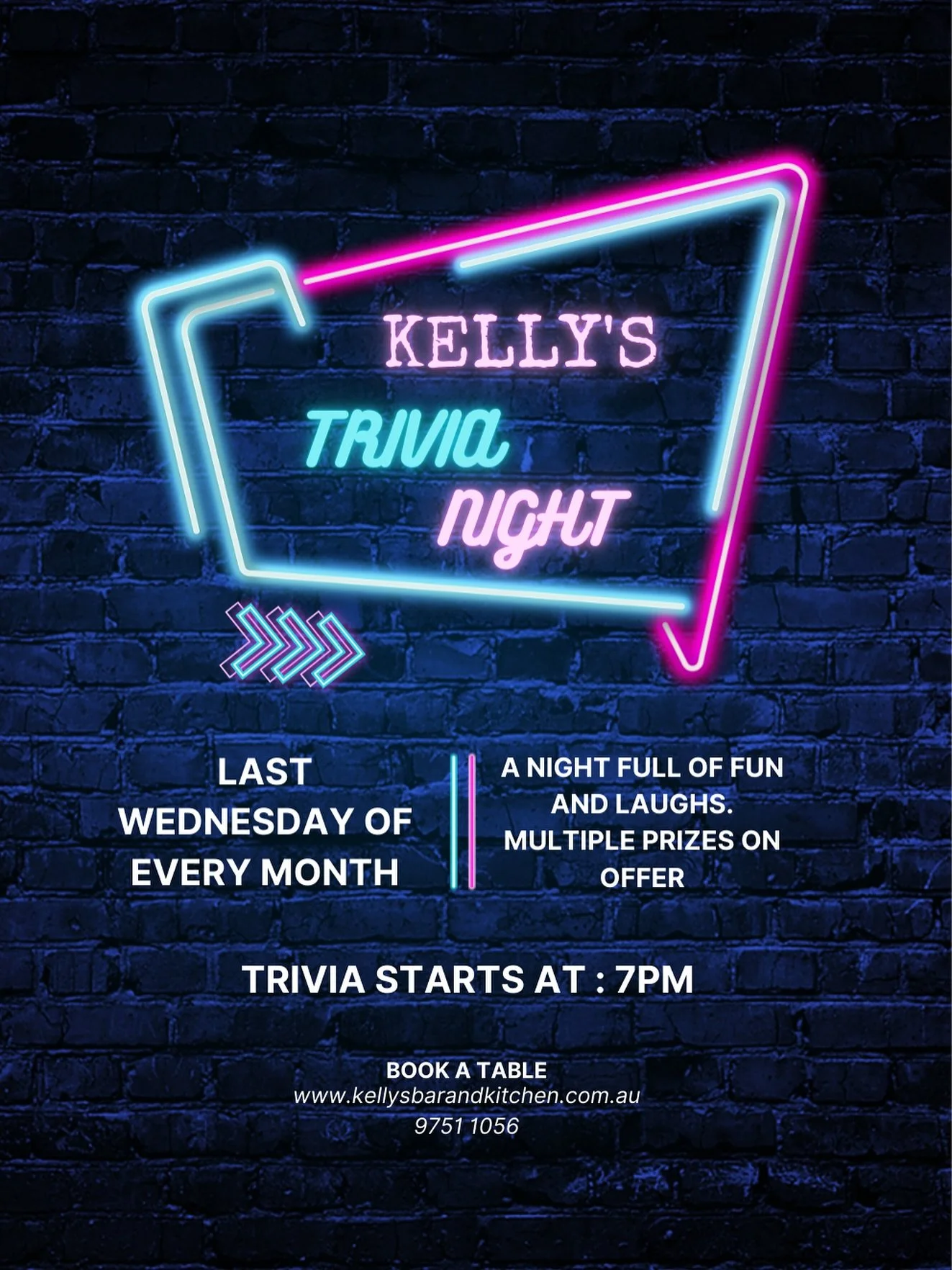 We’ve got trivia night this Wednesday, with Kev running the show again
Call 9751 1056 or go to our website to make a booking
