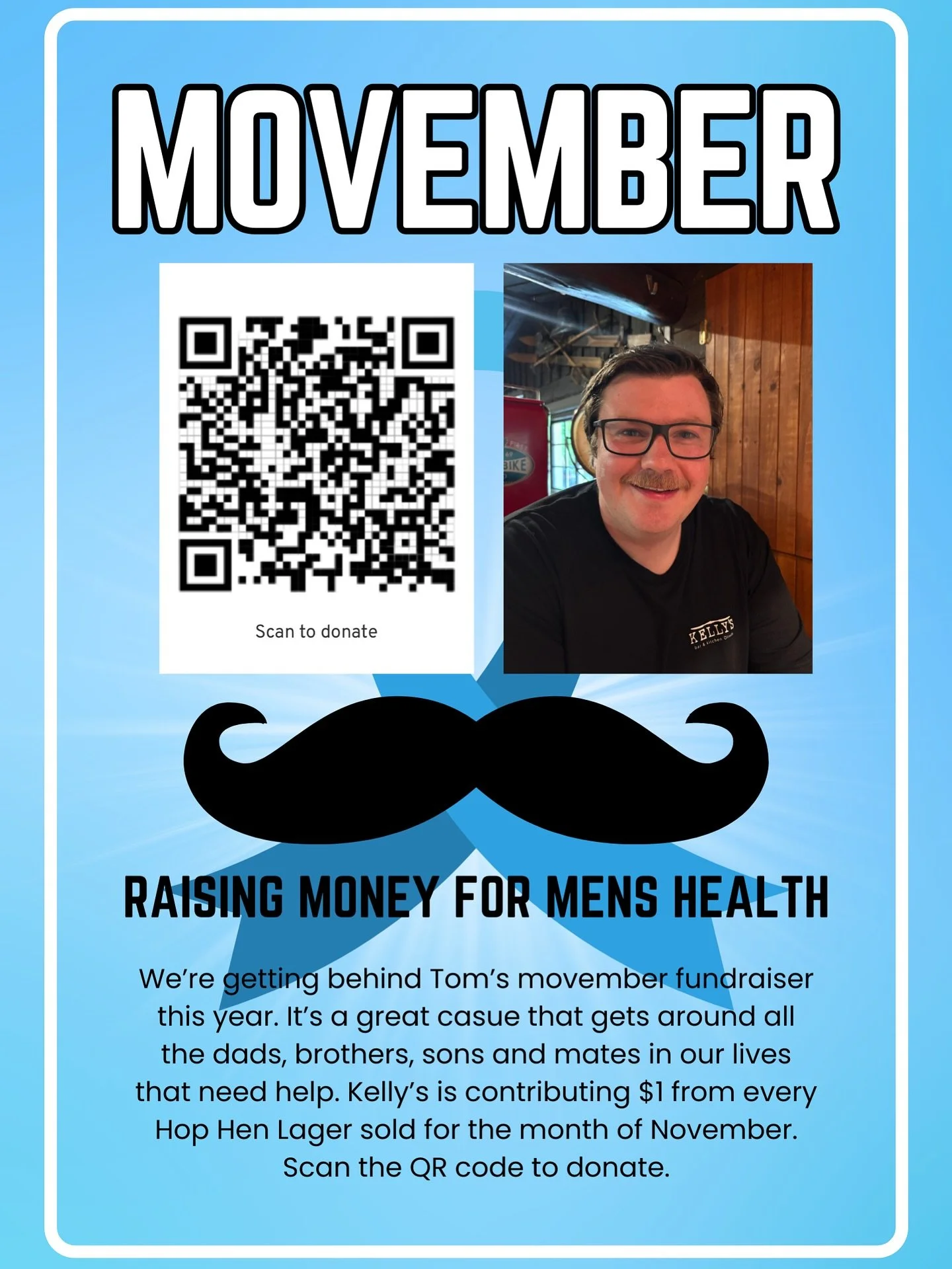 We&rsquo;re getting behind Tom as he grows a Mo for Movember to support men&rsquo;s health. We all know of a dad, brother, son or mate who needs some help at some point.

We&rsquo;re donating $1 from every Hop Hen Lager that we sell for the month of 
