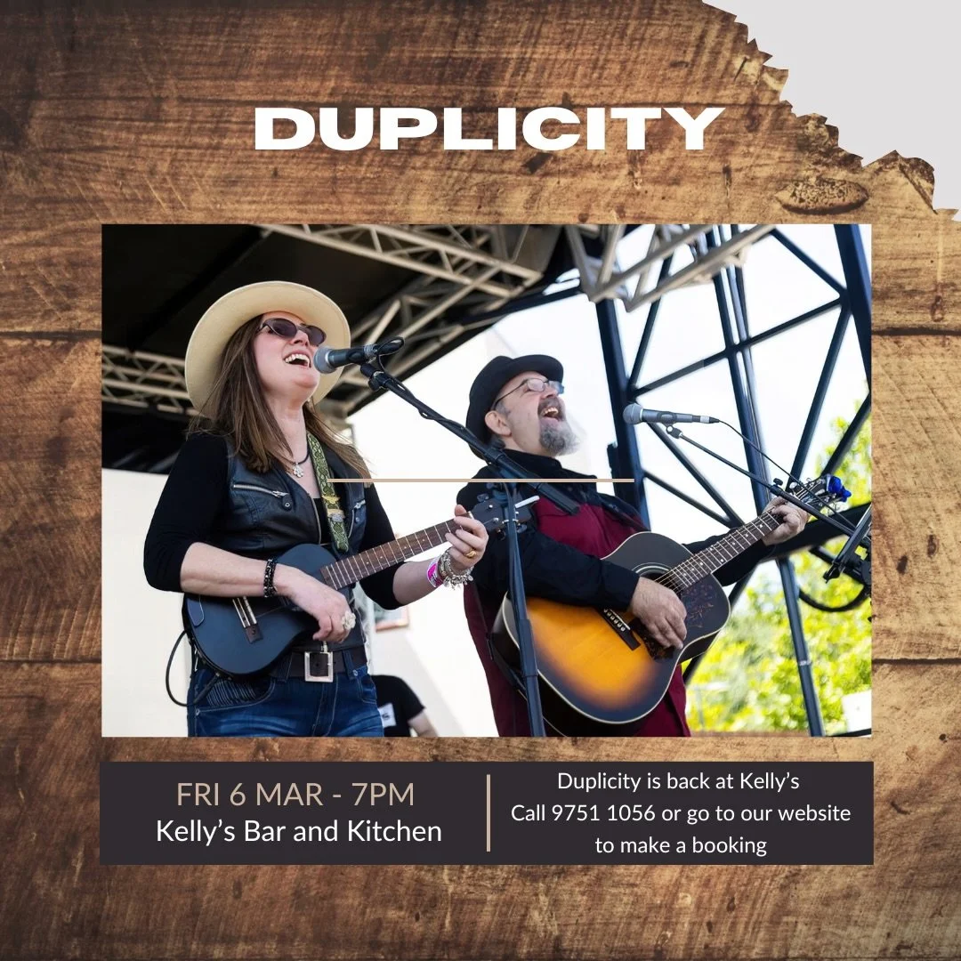 Duplicity is back at Kelly&rsquo;s tonight from 7pm til 9pm 🎶 

Call 9751 1056 or go to our website to make a booking