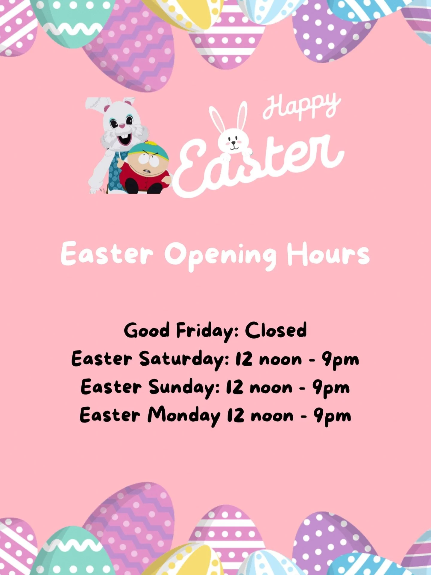 We&rsquo;re open Saturday, Sunday and Monday this Easter weekend. We will be closed on Friday.

Please call 9751 1056 or go to our website to make a booking.