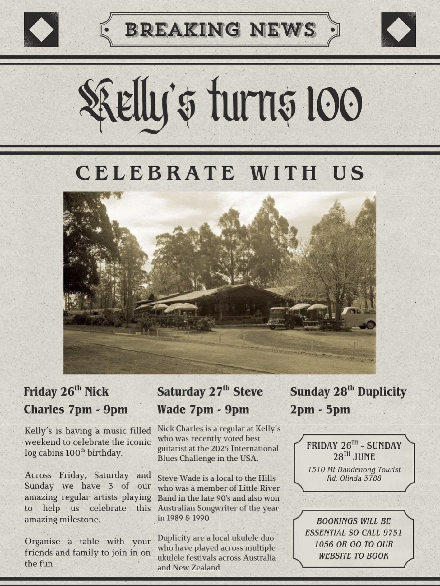 KELLYS LOG CABIN TURNS 100

The iconic log cabin here at Kelly&rsquo;s is turning 100, so it&rsquo;s only appropriate that we celebrate it accordingly.

We&rsquo;ll be having a weekend full of music with Nick Charles, Steve Wade and Duplicity playing