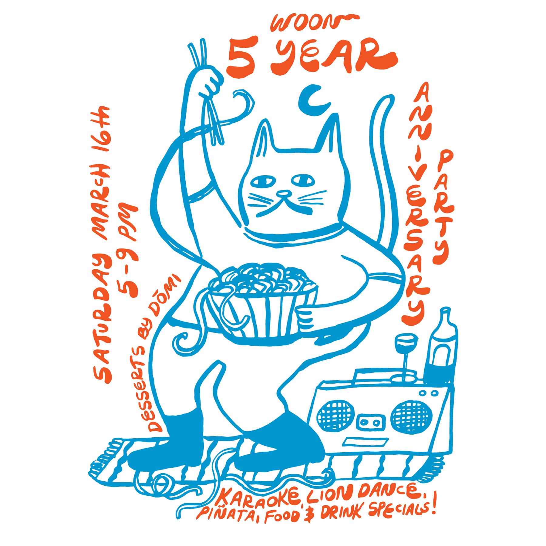 Graphic of a cat eating noodles and drinking wine
