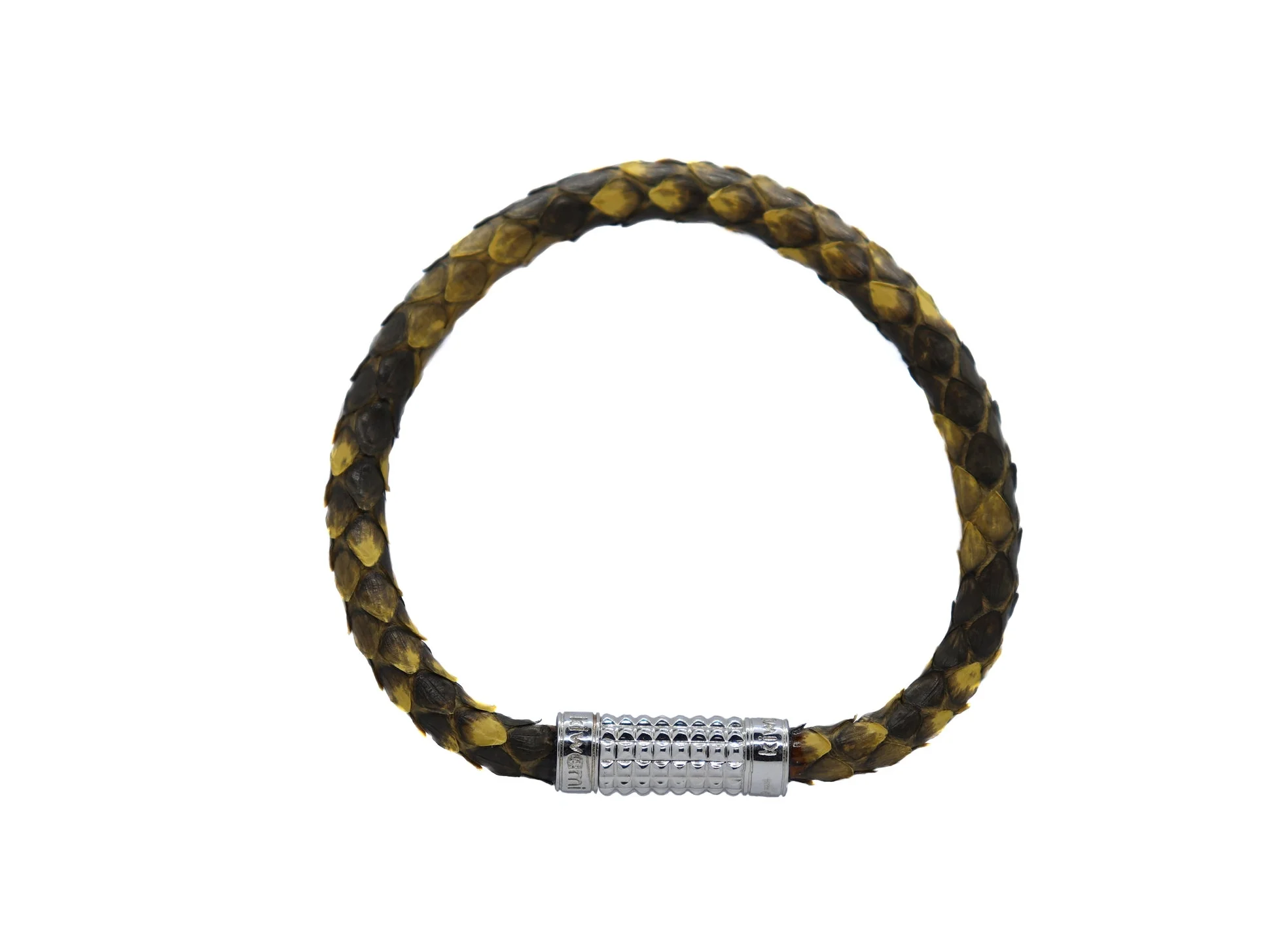 Silver yellow python bracelet white background 2018.jpg