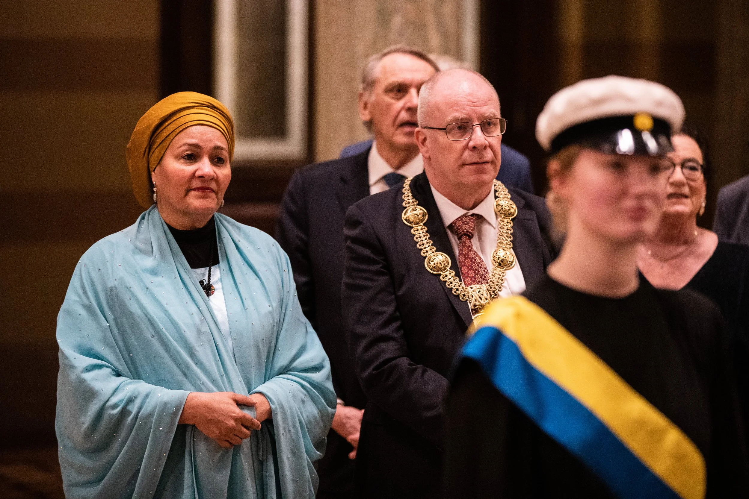 FN:s vice generalsekreterare Amina J. Mohammed och Uppsala universitets rektor Anders Hagfeldt under Dag Hammarskjöldföreläsning den 23 februari 2023 i Uppsala. 
