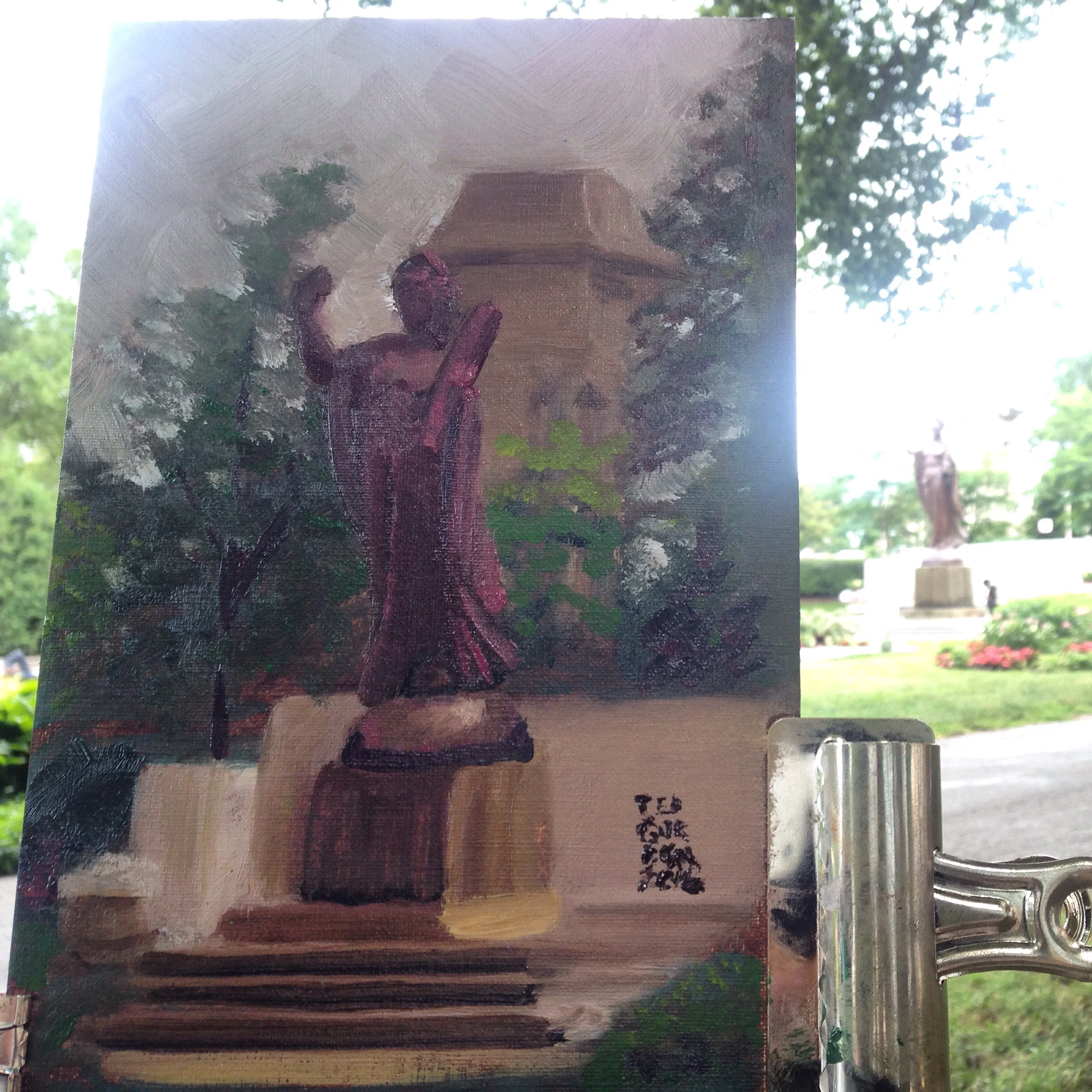 Plein air oil painting by Ted Gordon, Theodore Thomas Memorial, The Spirit of Music Statue, Grant Park, Chicago