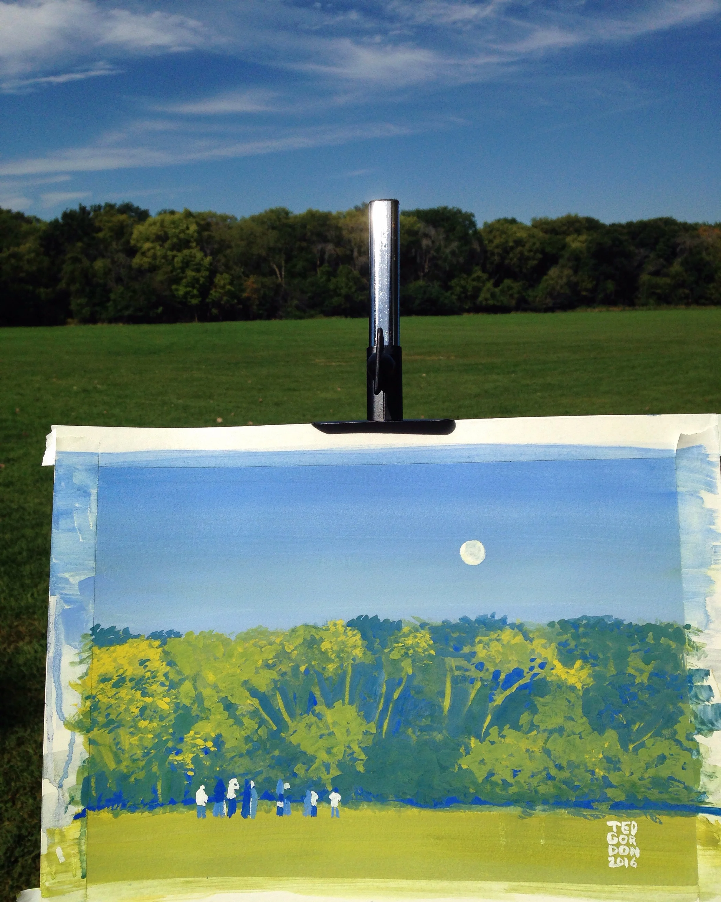Thatcher woods with moon and birders painted in casein by Ted Gordon