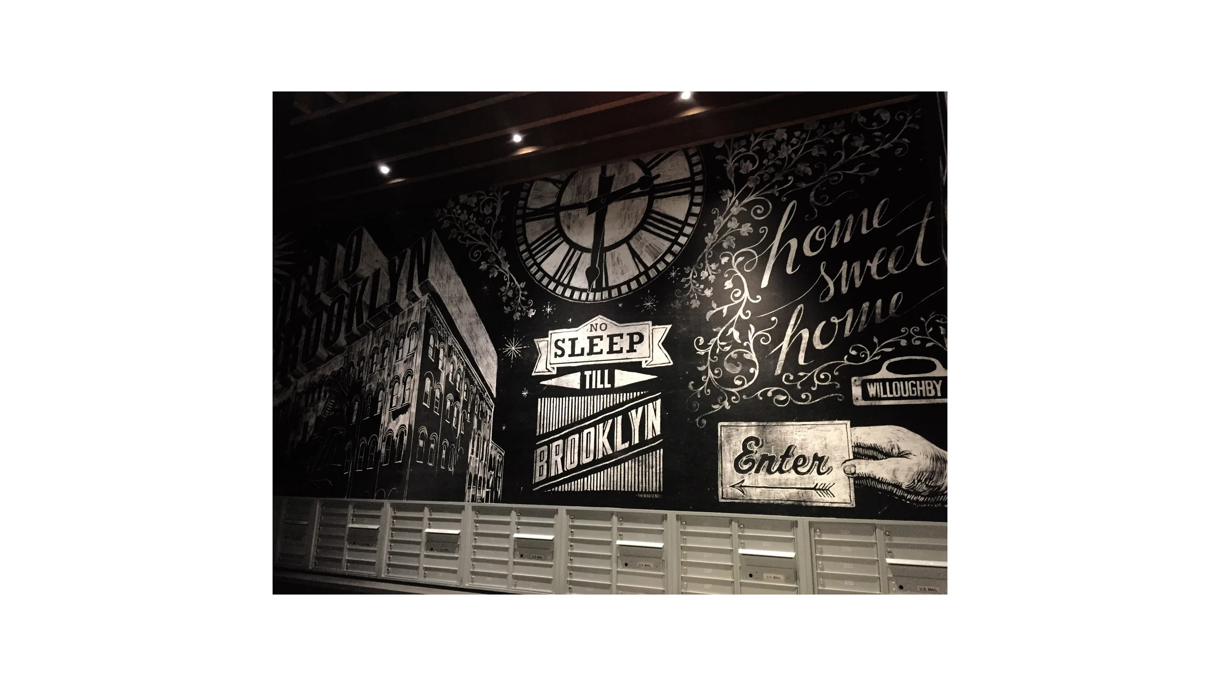 Custom chalk board graphics on vinyl wallcovering by Grand Image artist Cory Steffen celebrate Brooklyn past and present.