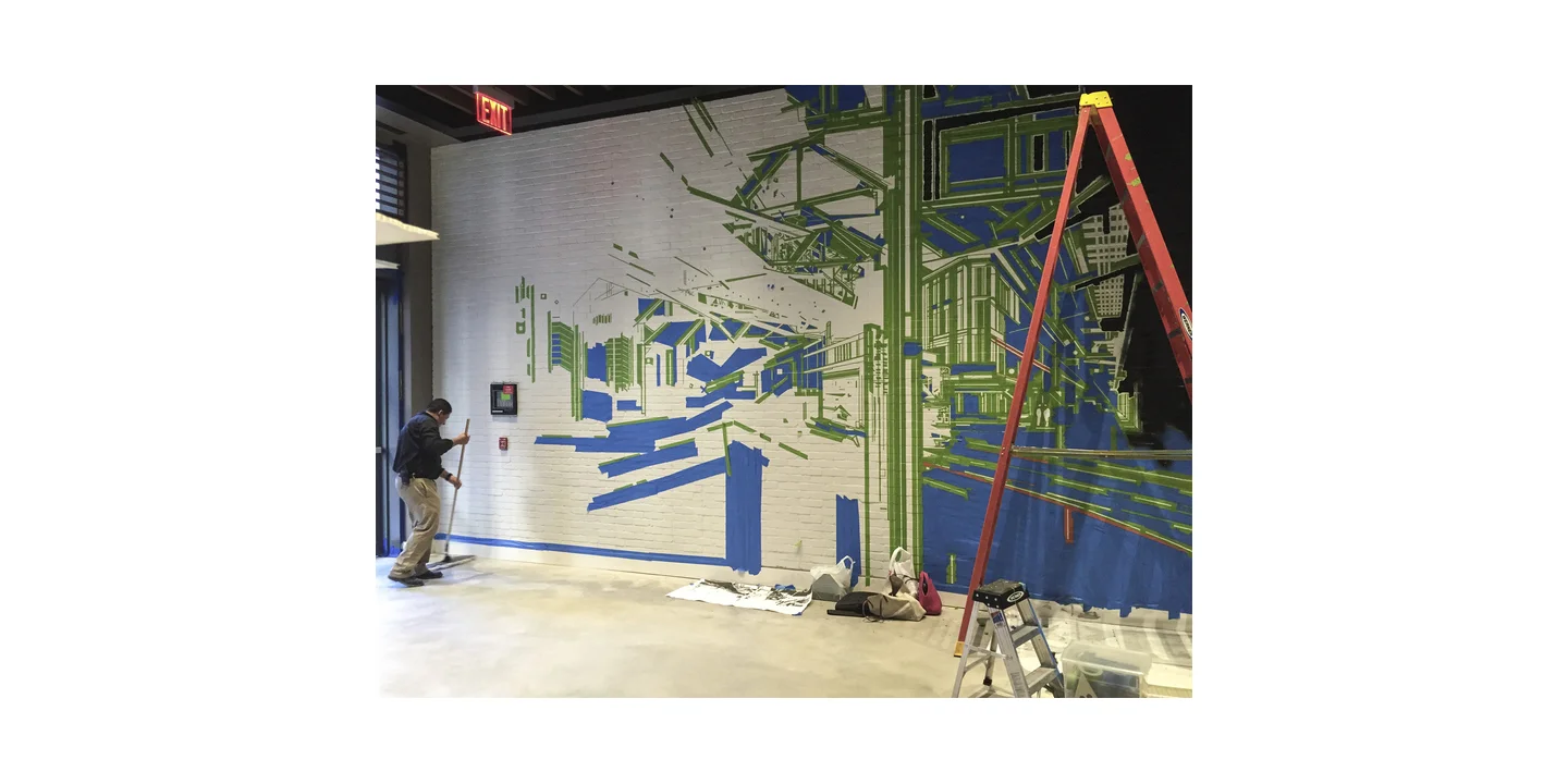 Each architectural line was masked off to create the clean velvety sections of black paint comprising Margaret’s work.