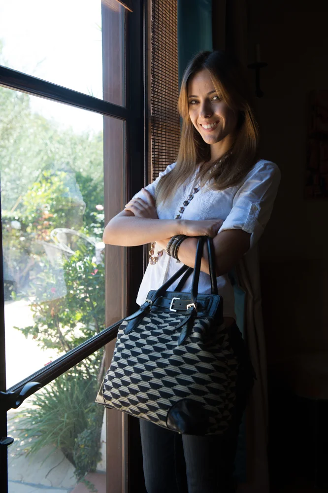 Our Paris Tote in B lack and Tan Geometric Fabric.