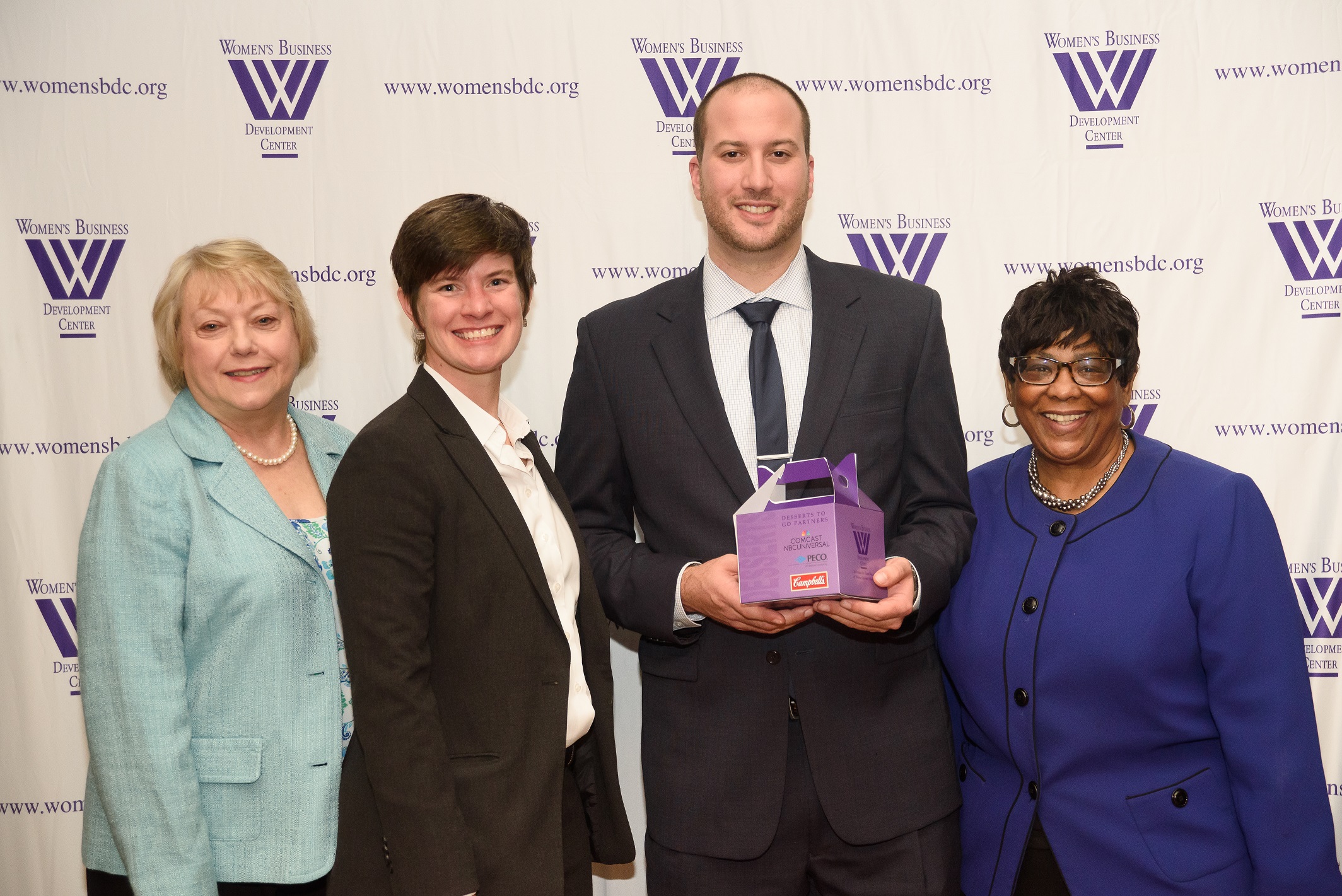The sponsors of the crowd-favorite Desserts-to-Go box with Geri (left to right): Geri Swift, President, Women’s Business Development Center; Cecilia Isaacs-Blundin, Comcast Corporation; Brad Silver, Campbell Soup Company; Sharon Simpson, PECO Energy