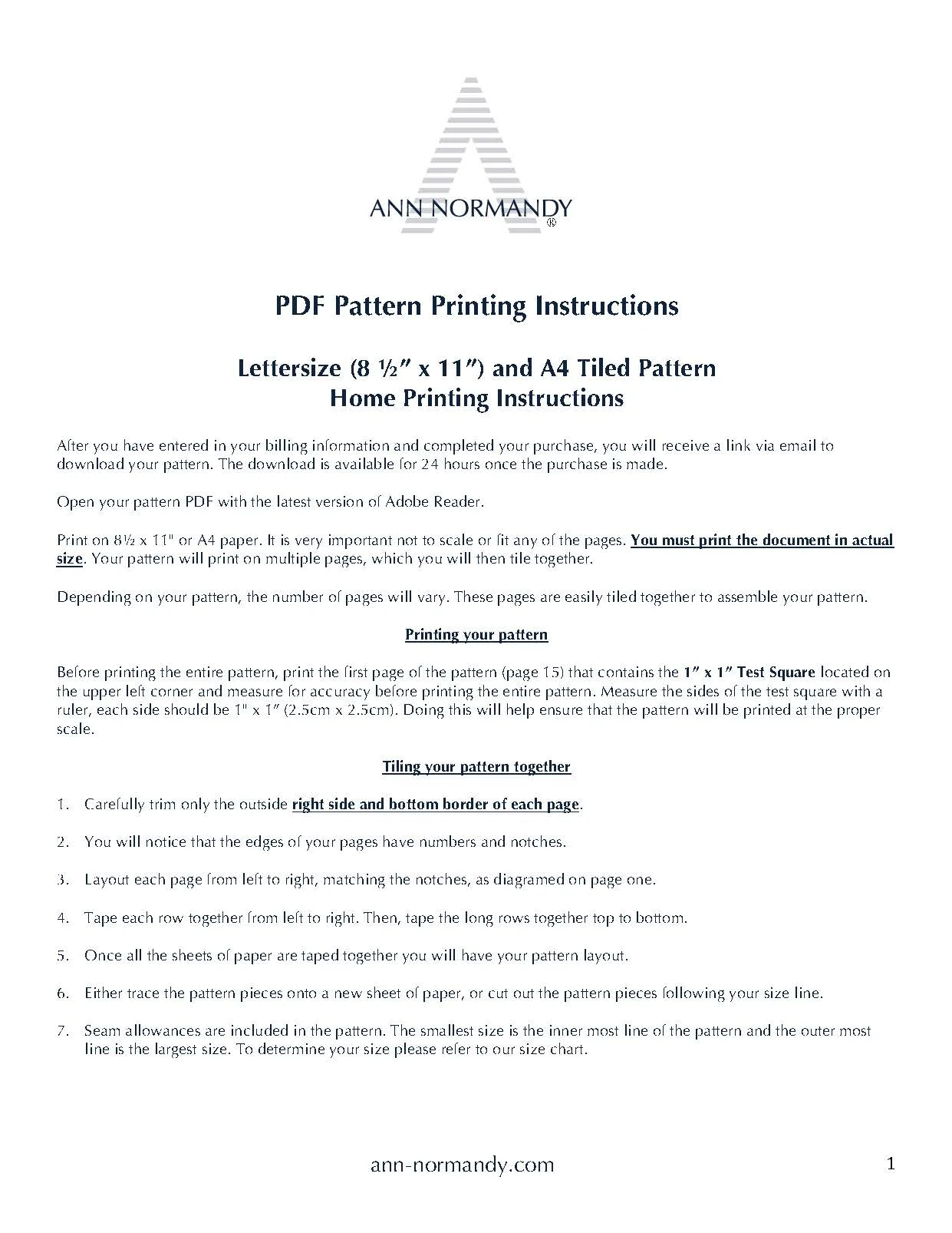 Ann Normandy Design PDF Sewing Pattern Print Instructions