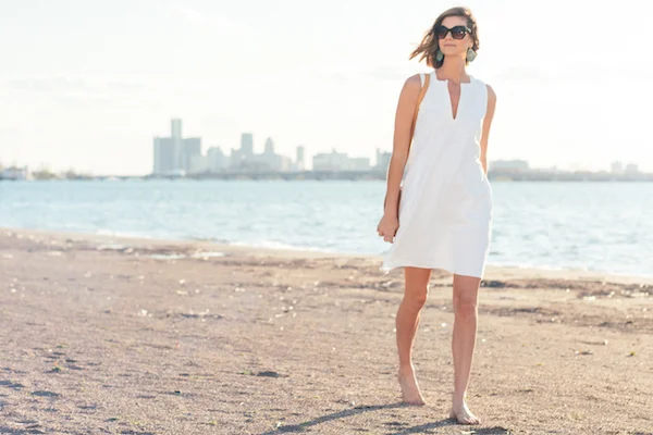 The Ann Normandy Design Sleeveless Shift Dress PDF sewing pattern , made with a medium/heavy weight reclaimed, handwoven, French linen. Photo credit: Photographer: Remy Roman, Detroit; Model: Closet Confessional Style Blogger, Dana Frost. Location: Belle Isle, Detroit.