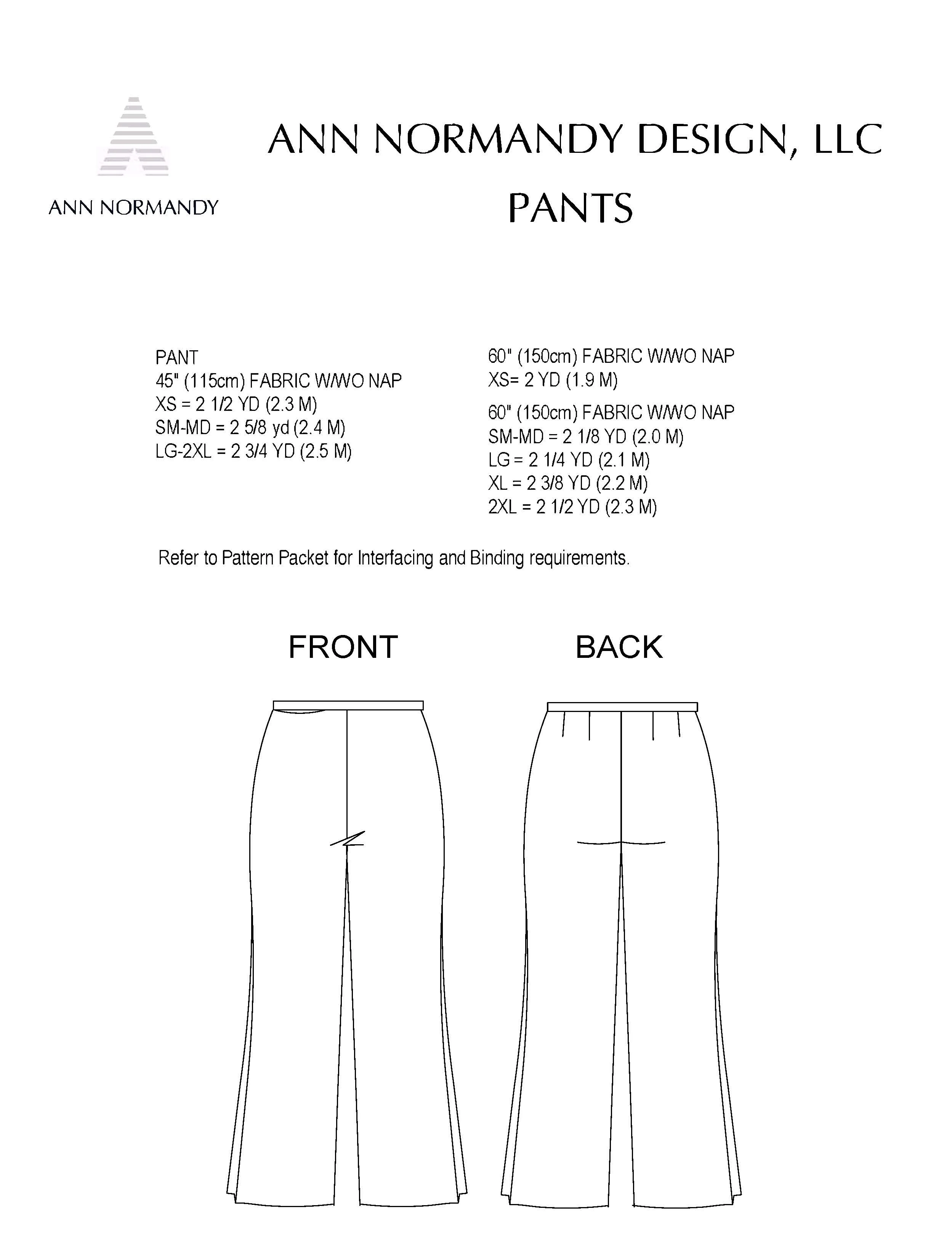 Ann Normandy Design Pant fabric requirements and line art