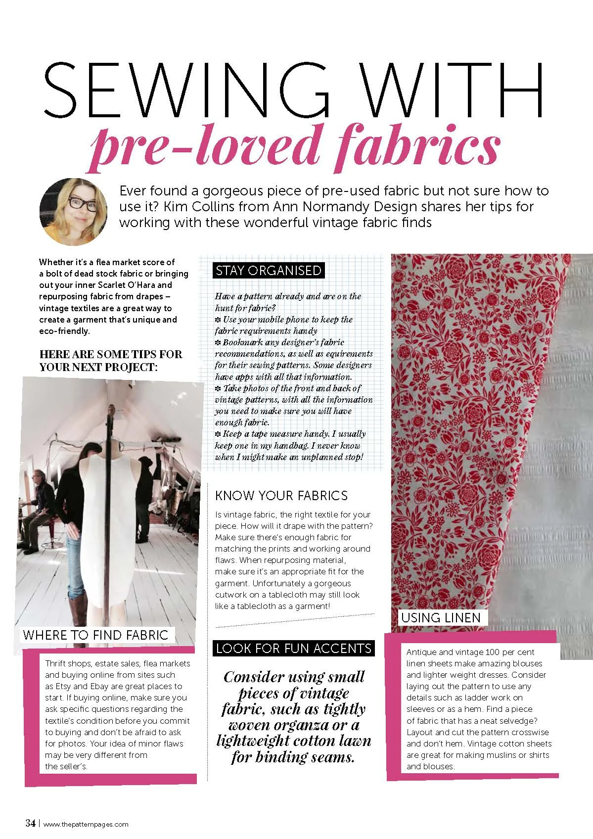 The Pattern Pages article with tips on sustainable sewing with reclaimed fabrics.