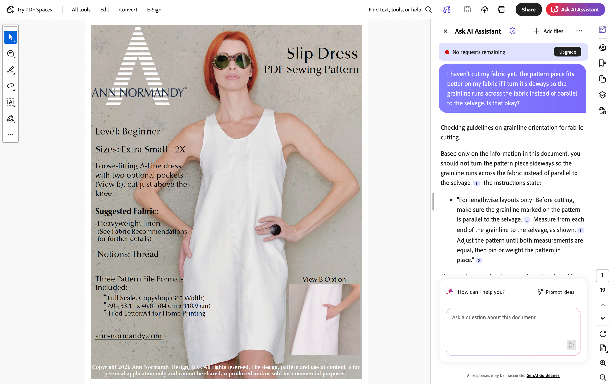 Adobe Acrobat AI Assistant testing Ann Normandy Design Slip Dress PDF sewing pattern instructions.