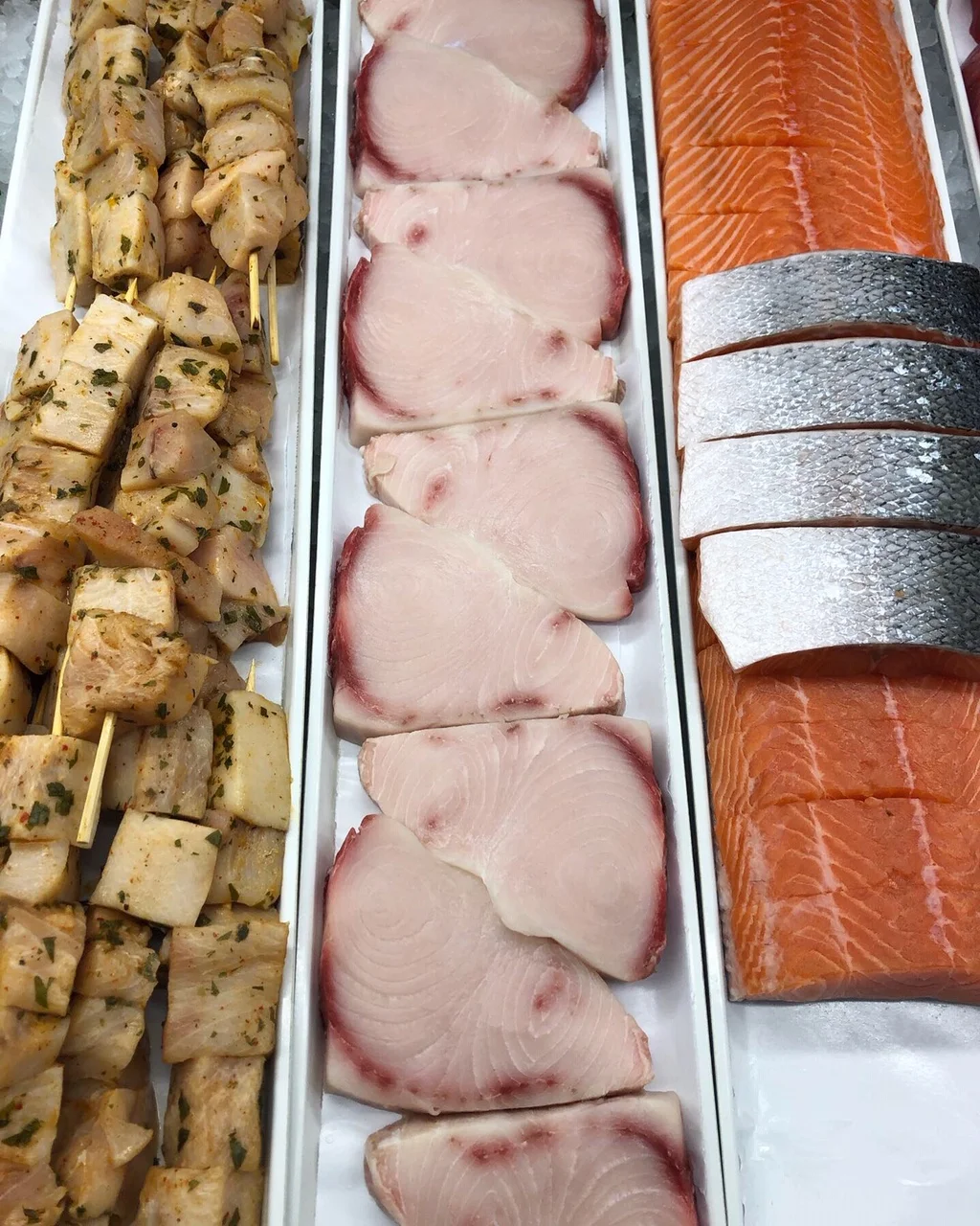 Swordfish skewers, swordfish and Faroe Island salmon from Chula.