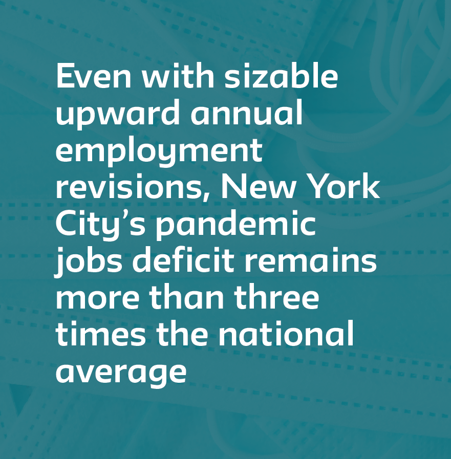 Even with sizable upward annual employment revisions, New York City’s pandemic jobs deficit remains more than three times the national average  