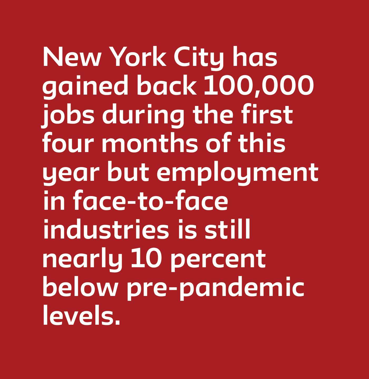 New York City has gained back 100,000 jobs during the first four months of this year but employment in face-to-face industries is still nearly 10 percent below pre-pandemic levels.  
